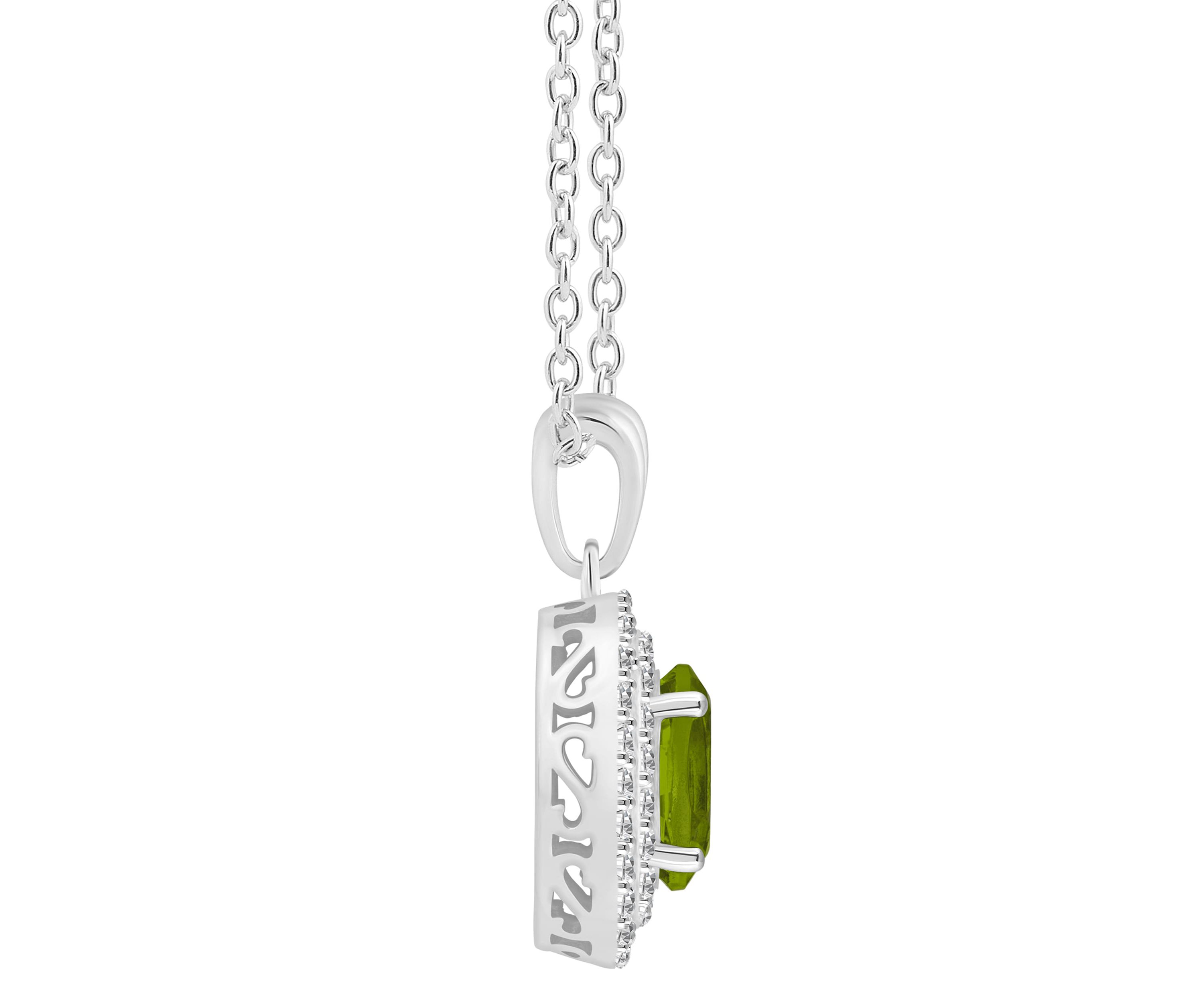 Sterling Silver 8x6mm Oval Peridot And White Topaz Double Halo Pendant Necklace