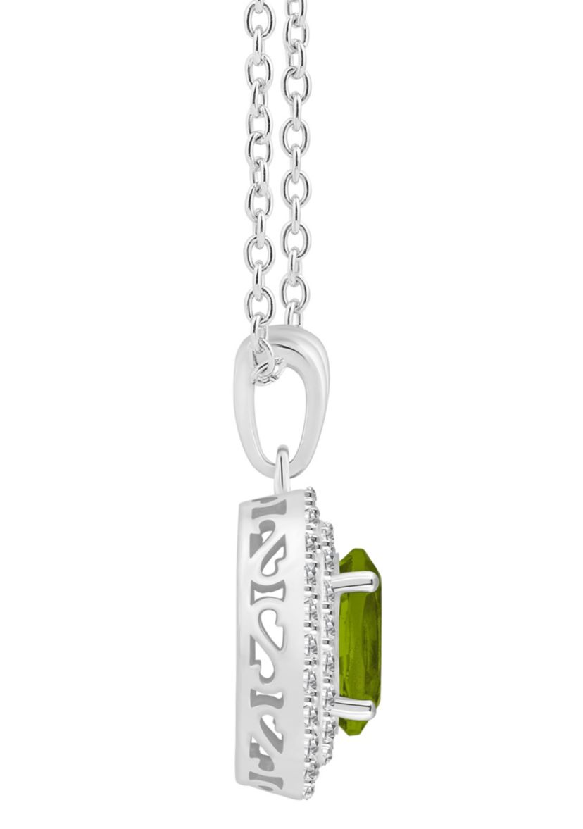 Sterling Silver 8x6mm Oval Peridot And White Topaz Double Halo Pendant Necklace