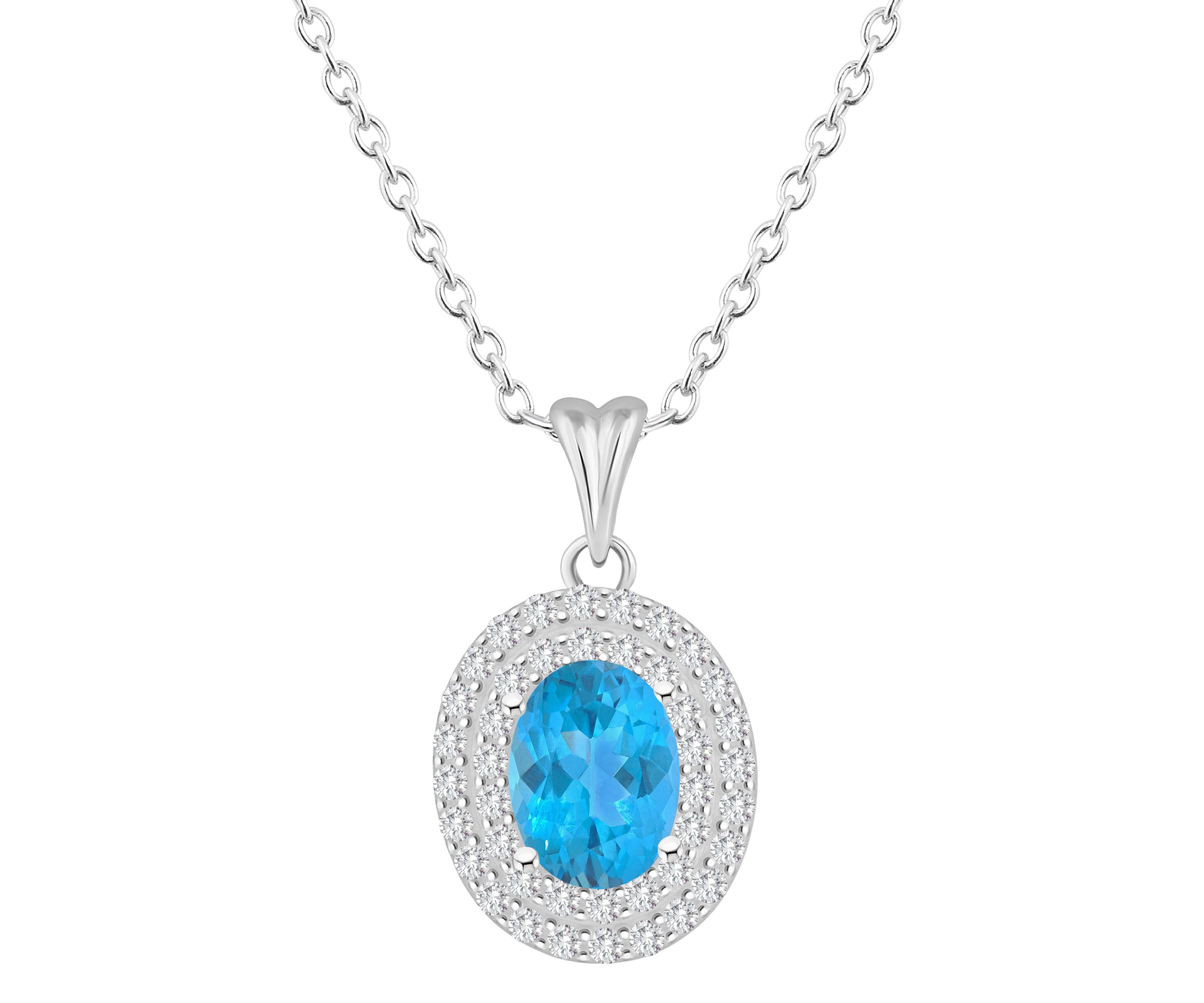 Sterling Silver 8x6mm Oval Blue Topaz And White Topaz Double Halo Pendant Necklace