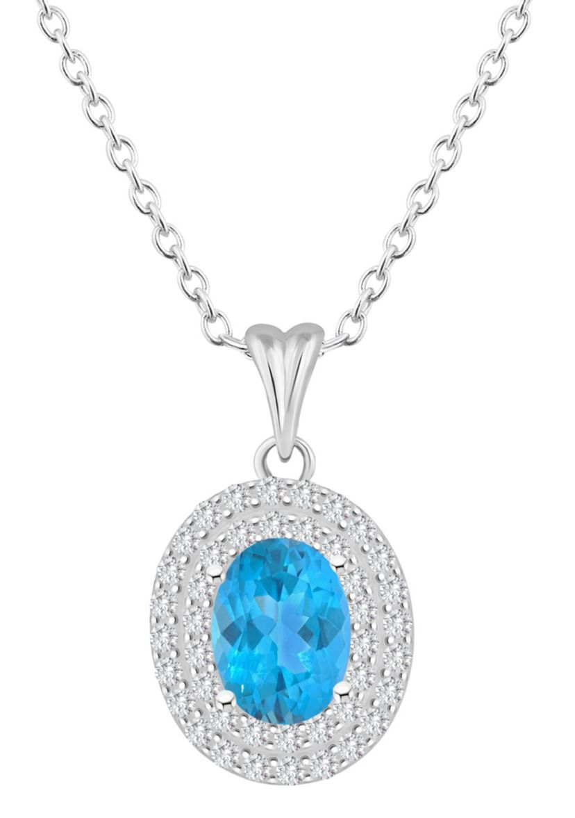 Sterling Silver 8x6mm Oval Blue Topaz And White Topaz Double Halo Pendant Necklace