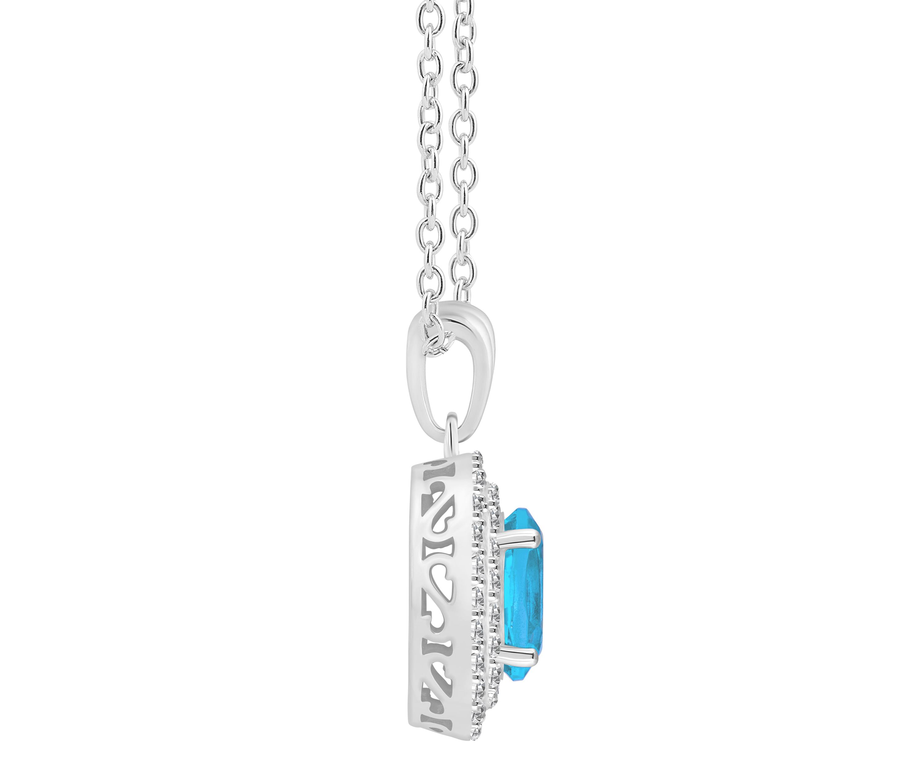 Sterling Silver 8x6mm Oval Blue Topaz And White Topaz Double Halo Pendant Necklace
