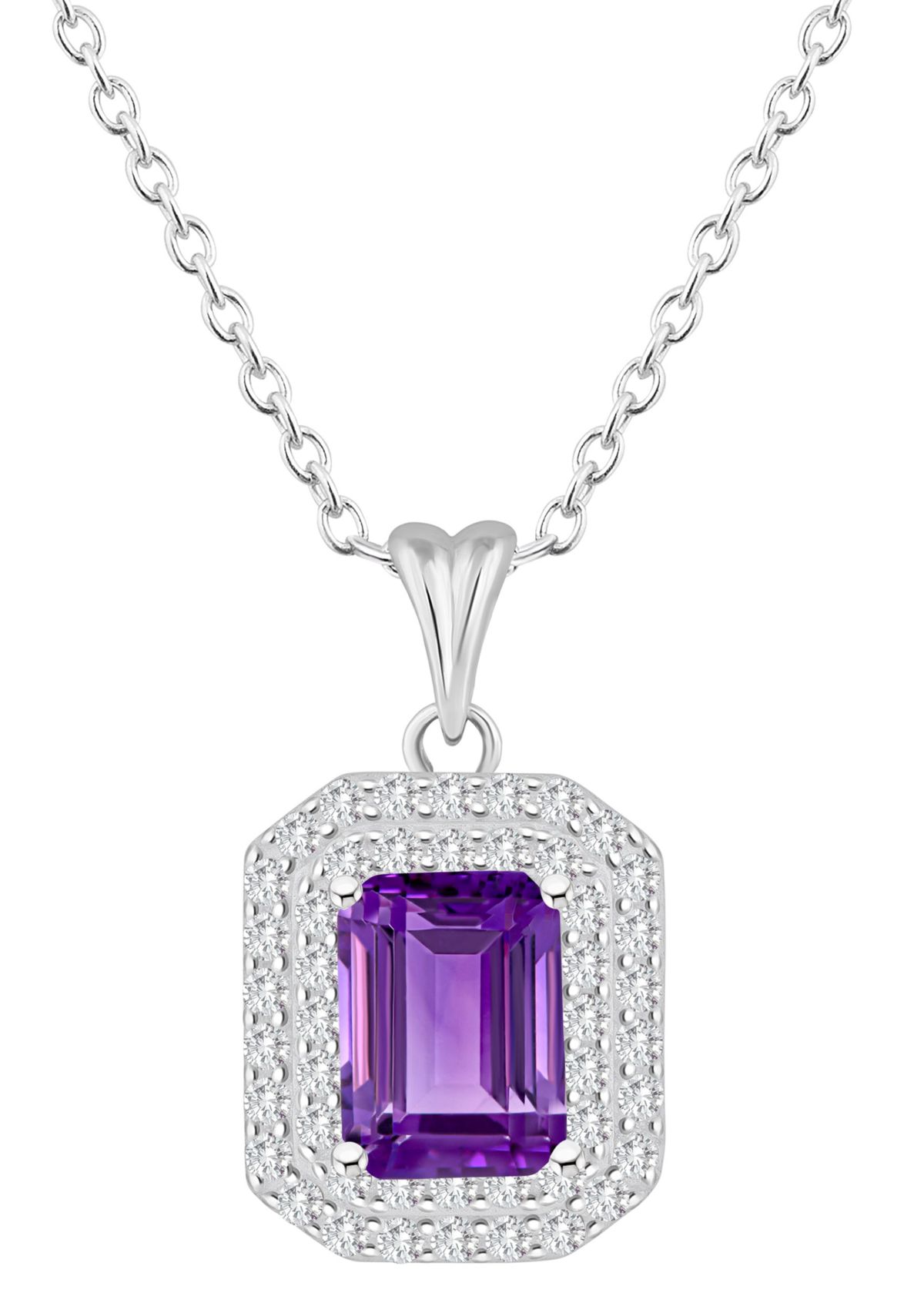 Sterling Silver 8x6mm Emerald Cut Amethyst And White Topaz Double Halo Pendant Necklace