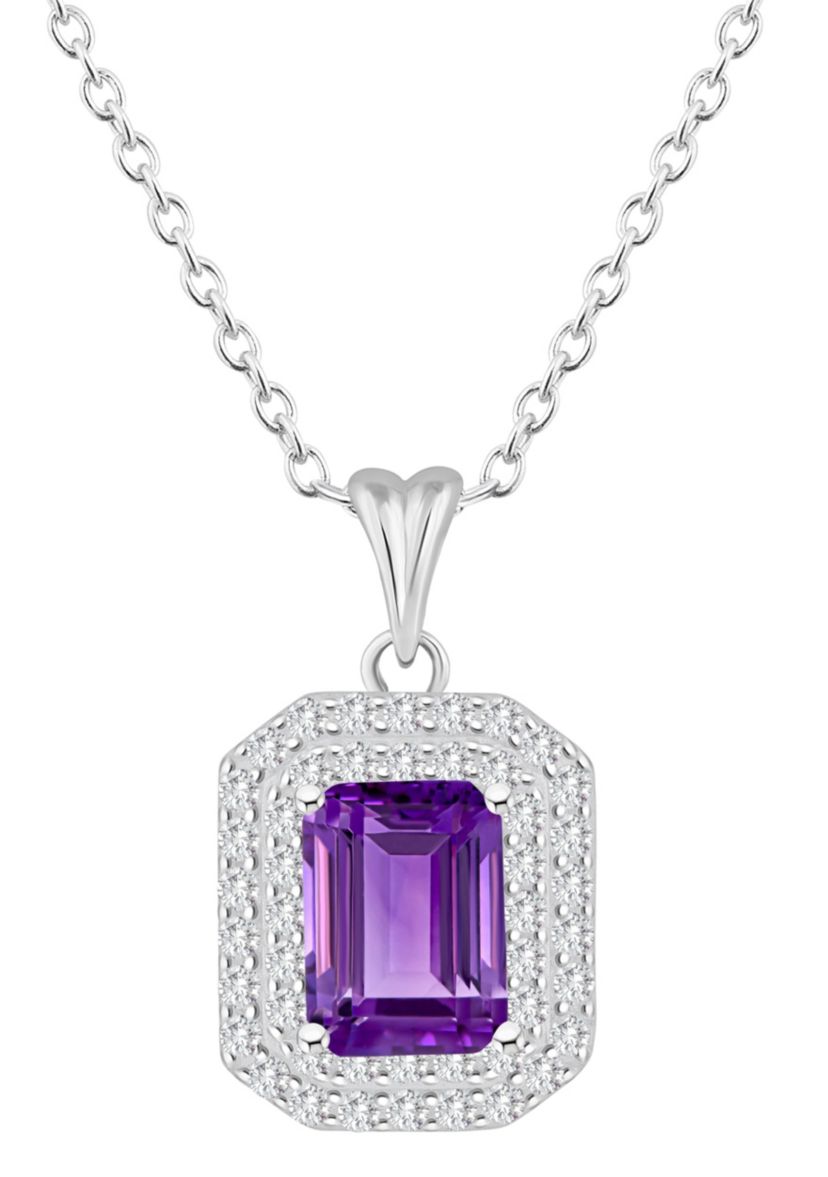 Sterling Silver 8x6mm Emerald Cut Amethyst And White Topaz Double Halo Pendant Necklace