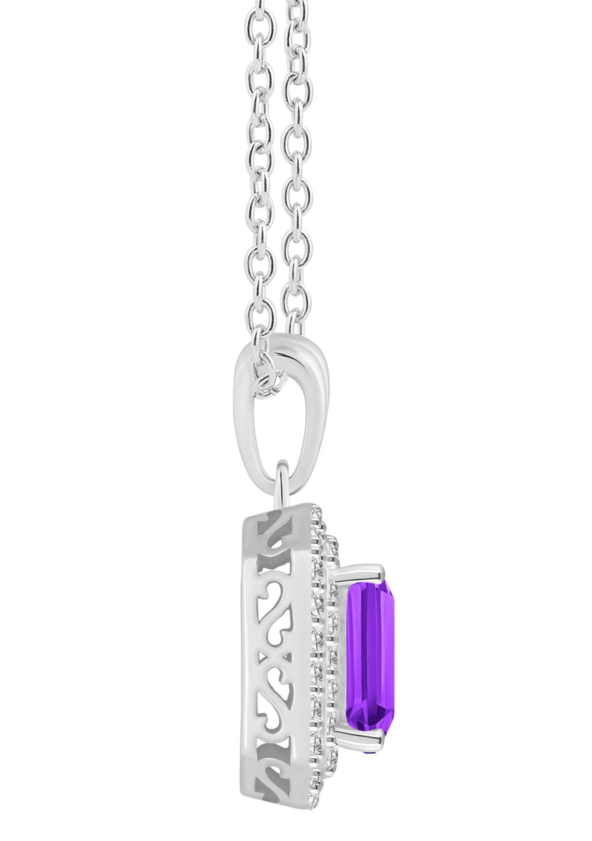 Sterling Silver 8x6mm Emerald Cut Amethyst And White Topaz Double Halo Pendant Necklace