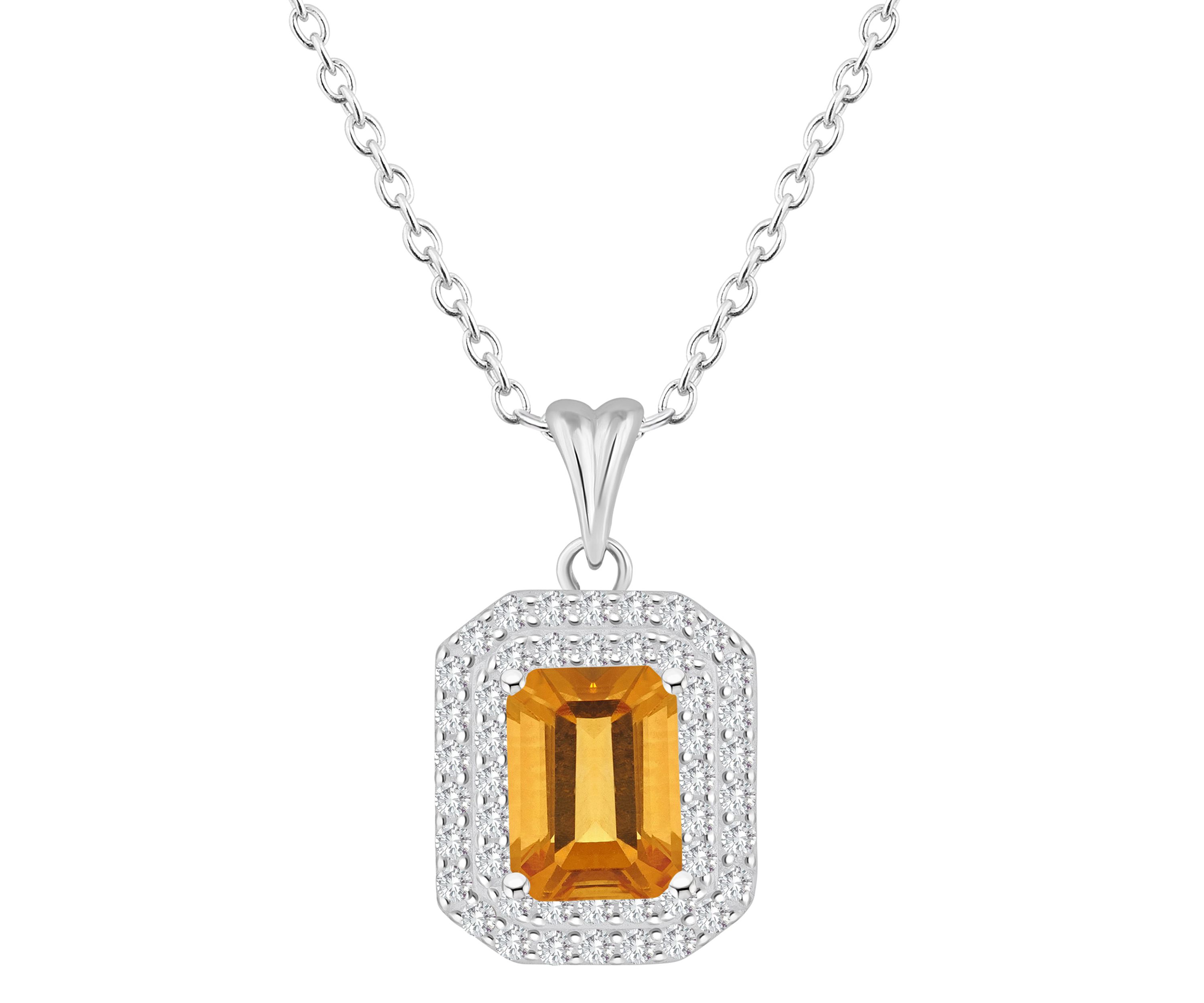 Sterling Silver 8x6mm Emerald Cut Citrine And White Topaz Double Halo Pendant Necklace