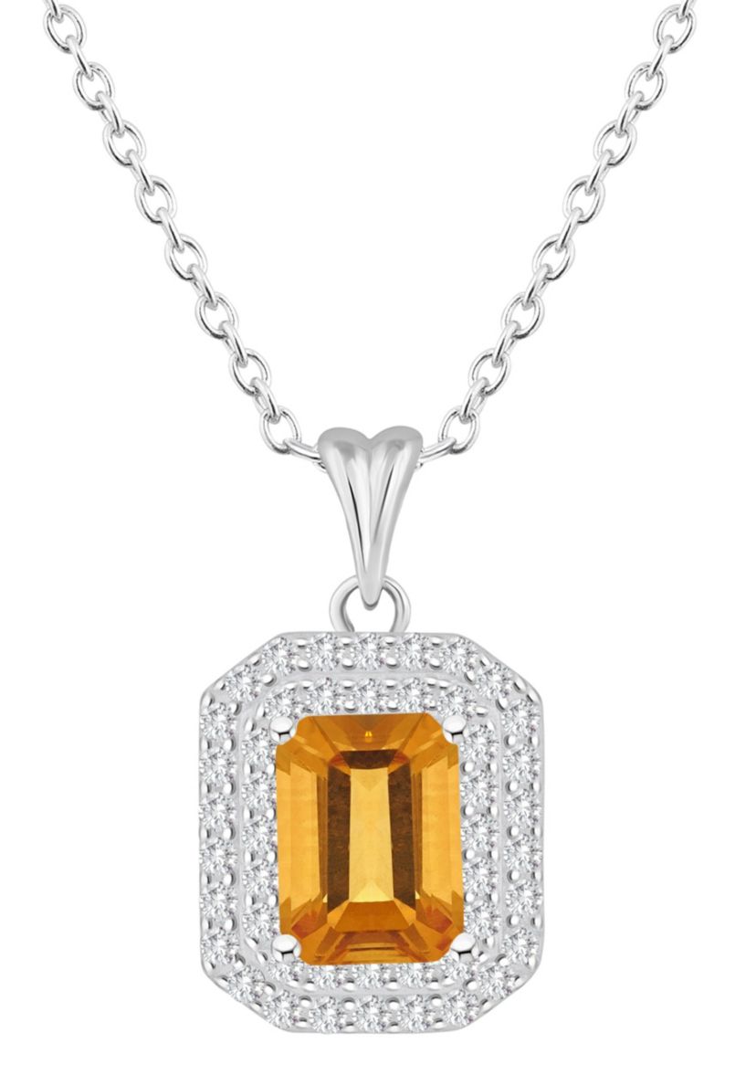 Sterling Silver 8x6mm Emerald Cut Citrine And White Topaz Double Halo Pendant Necklace