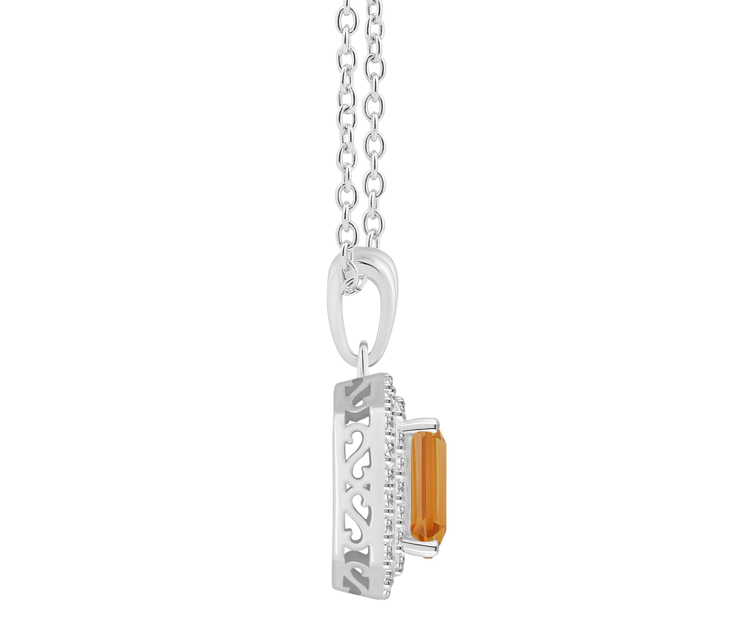 Sterling Silver 8x6mm Emerald Cut Citrine And White Topaz Double Halo Pendant Necklace