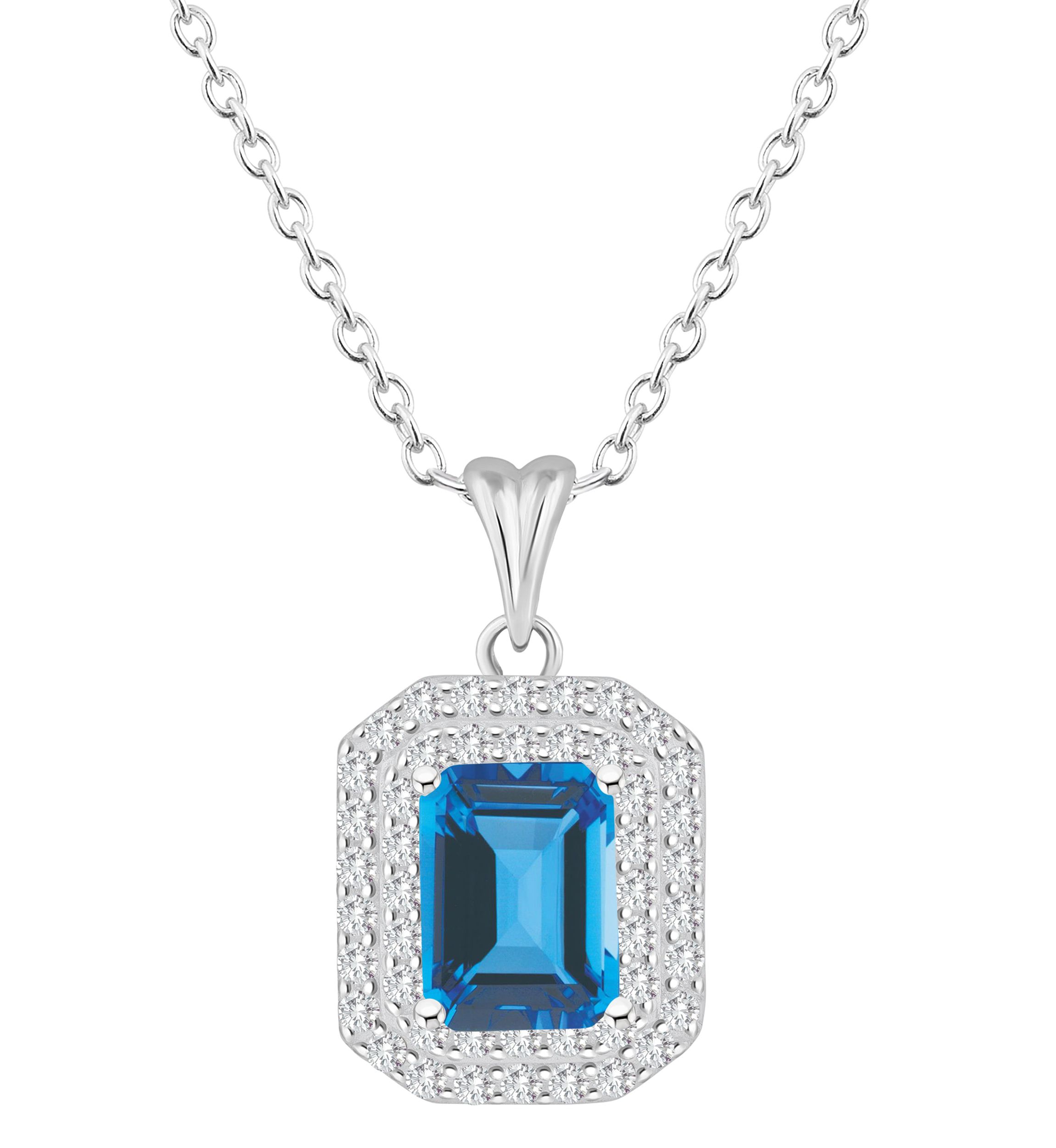 Sterling Silver 8x6mm Emerald Cut Blue Topaz And White Topaz Double Halo Pendant Necklace