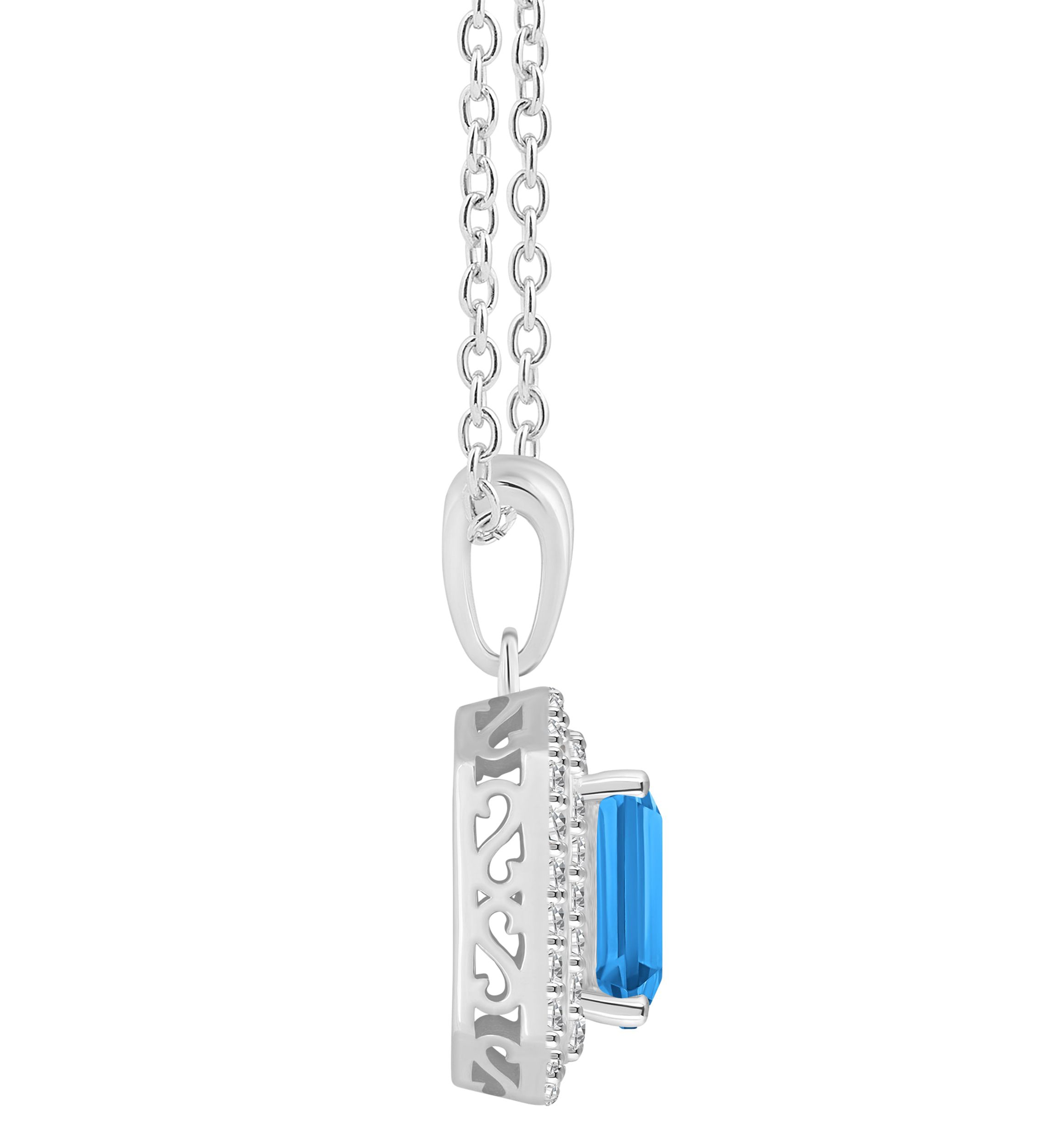 Sterling Silver 8x6mm Emerald Cut Blue Topaz And White Topaz Double Halo Pendant Necklace