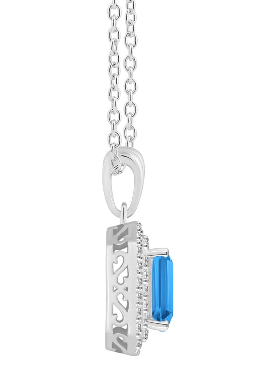 Sterling Silver 8x6mm Emerald Cut Blue Topaz And White Topaz Double Halo Pendant Necklace
