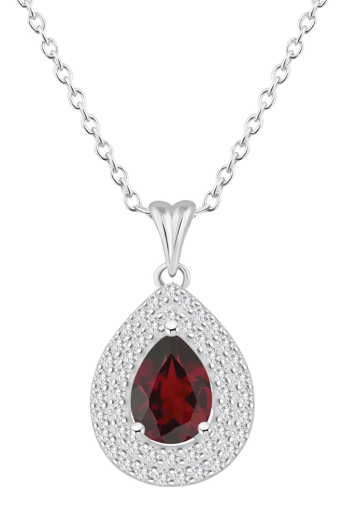 Sterling Silver 8x5mm Pear Shape Garnet And White Topaz Double Halo Pendant Necklace