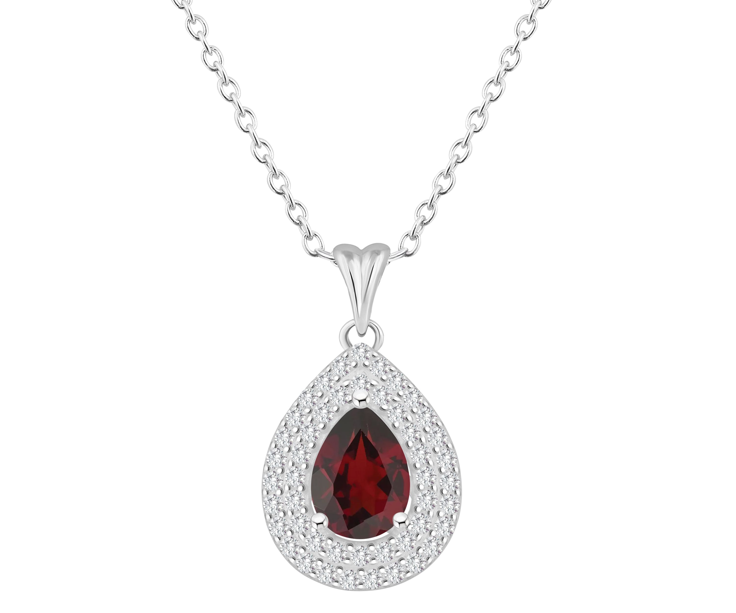 Sterling Silver 8x5mm Pear Shape Garnet And White Topaz Double Halo Pendant Necklace