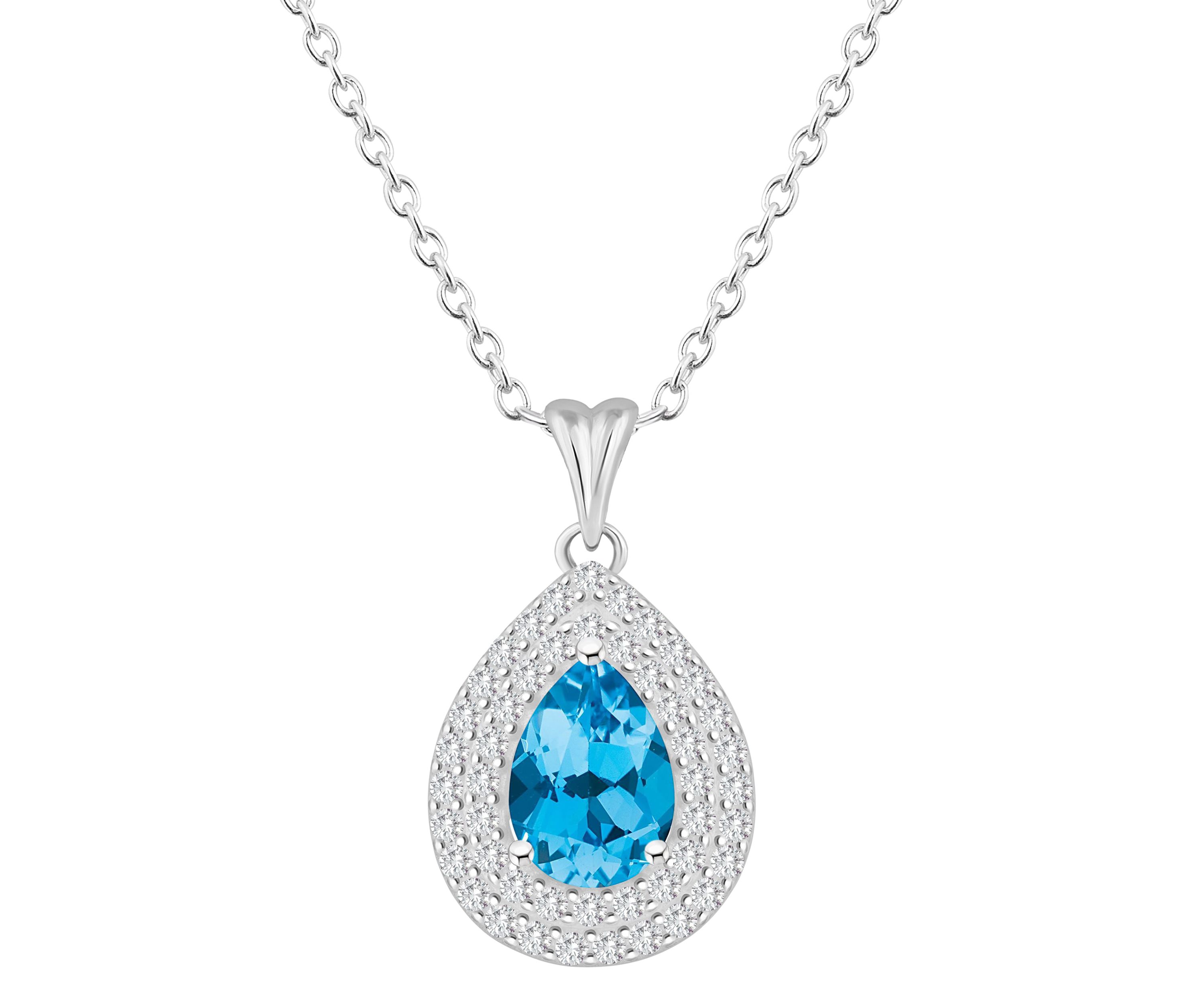 Sterling Silver 8x5mm Pear Shape Blue Topaz And White Topaz Double Halo Pendant Necklace