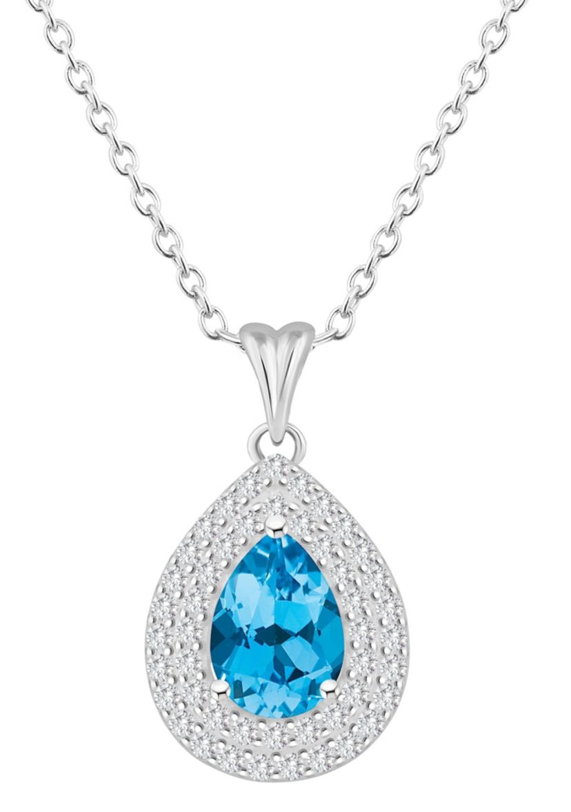 Sterling Silver 8x5mm Pear Shape Blue Topaz And White Topaz Double Halo Pendant Necklace