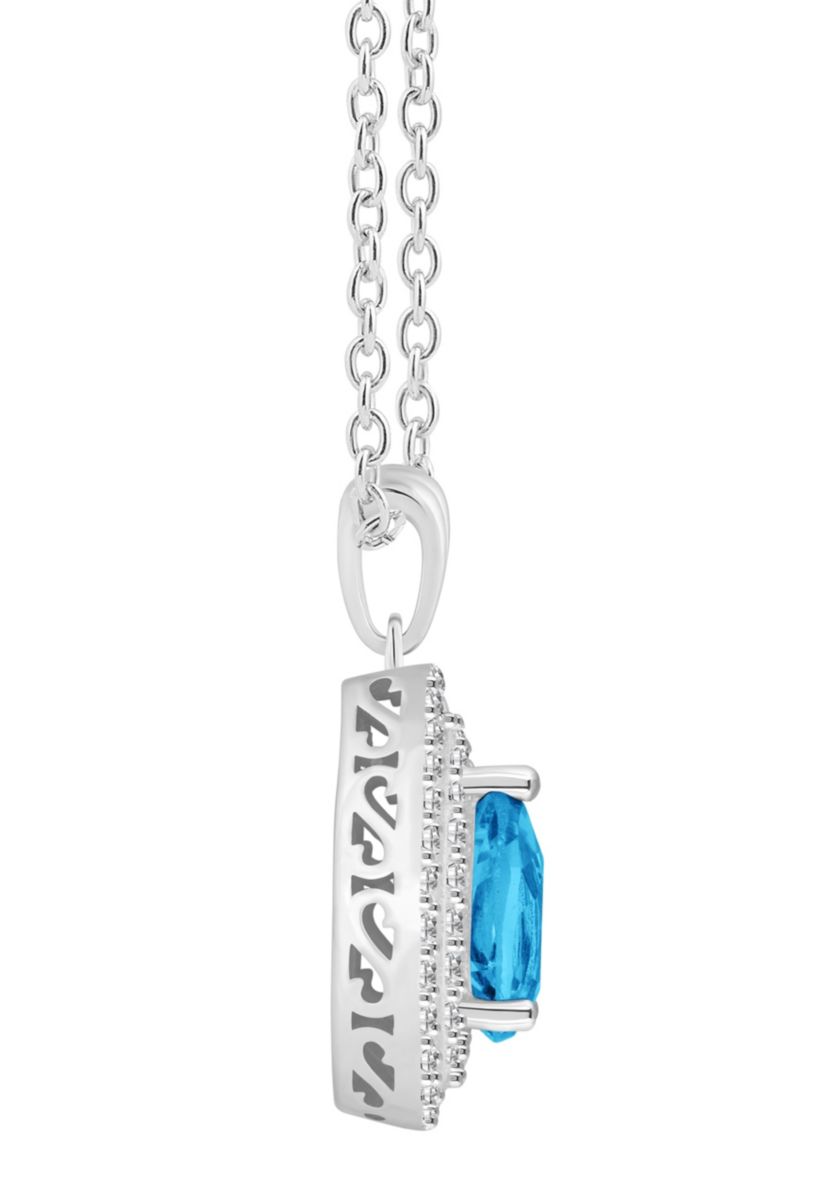 Sterling Silver 8x5mm Pear Shape Blue Topaz And White Topaz Double Halo Pendant Necklace