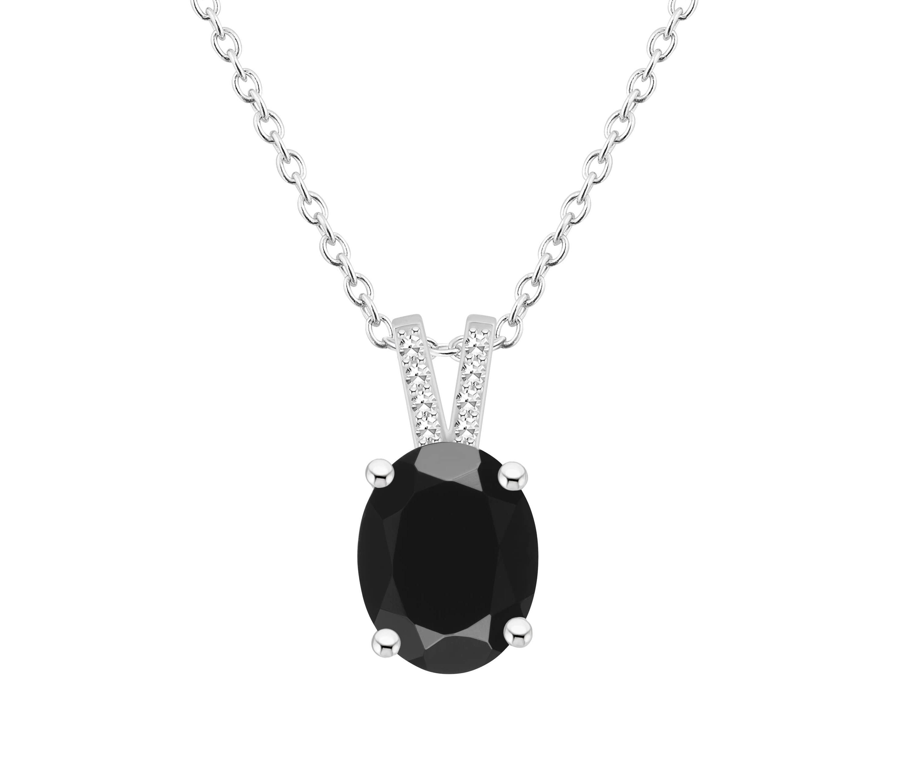 Sterling Silver 10x8mm Oval Black Onyx Diamond Accent Pendant Necklace