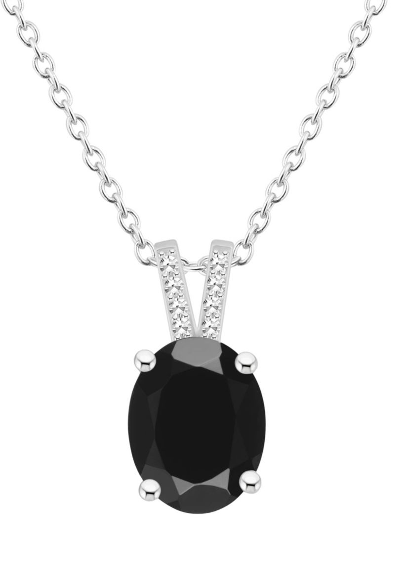 Sterling Silver 10x8mm Oval Black Onyx Diamond Accent Pendant Necklace