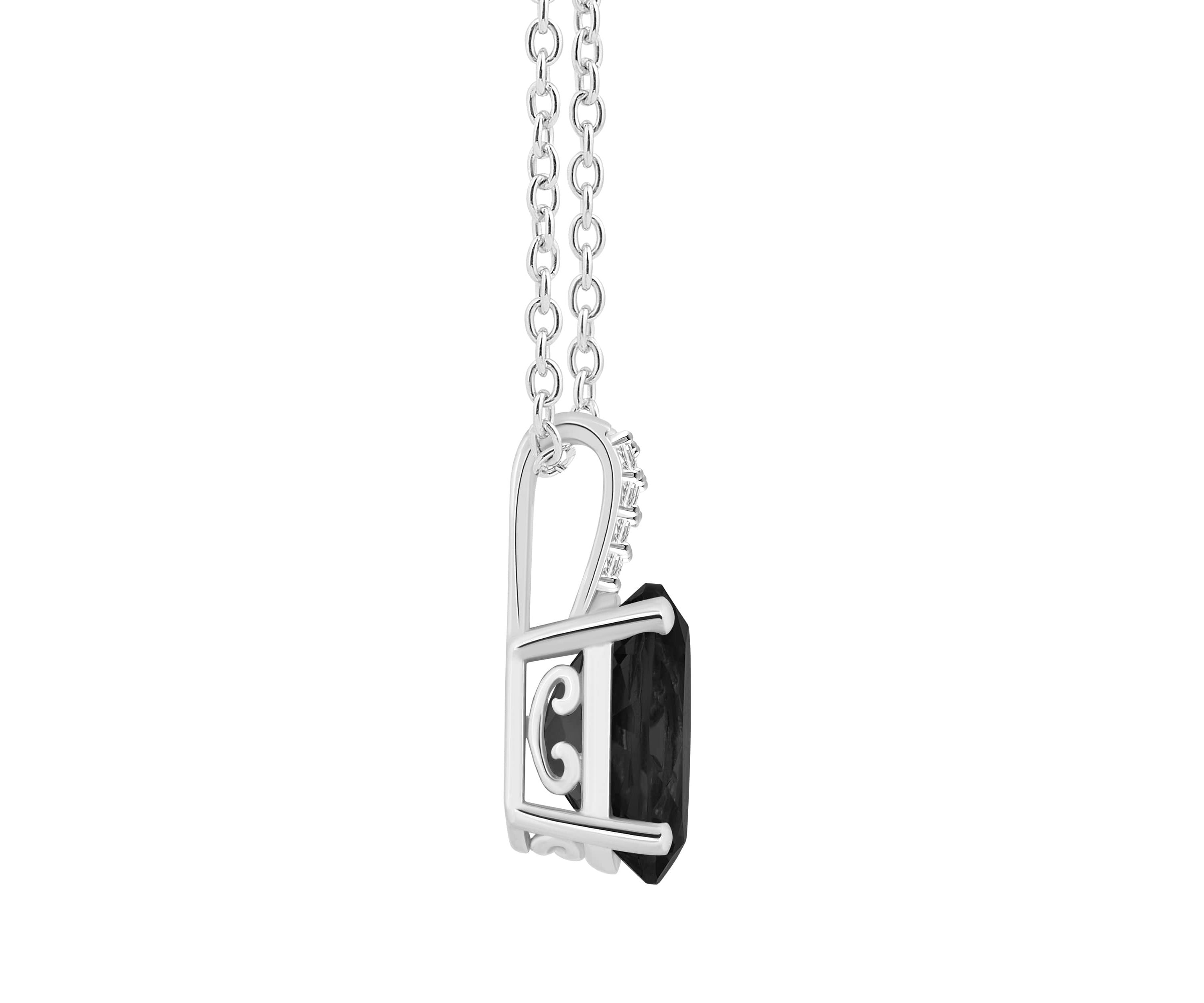 Sterling Silver 10x8mm Oval Black Onyx Diamond Accent Pendant Necklace