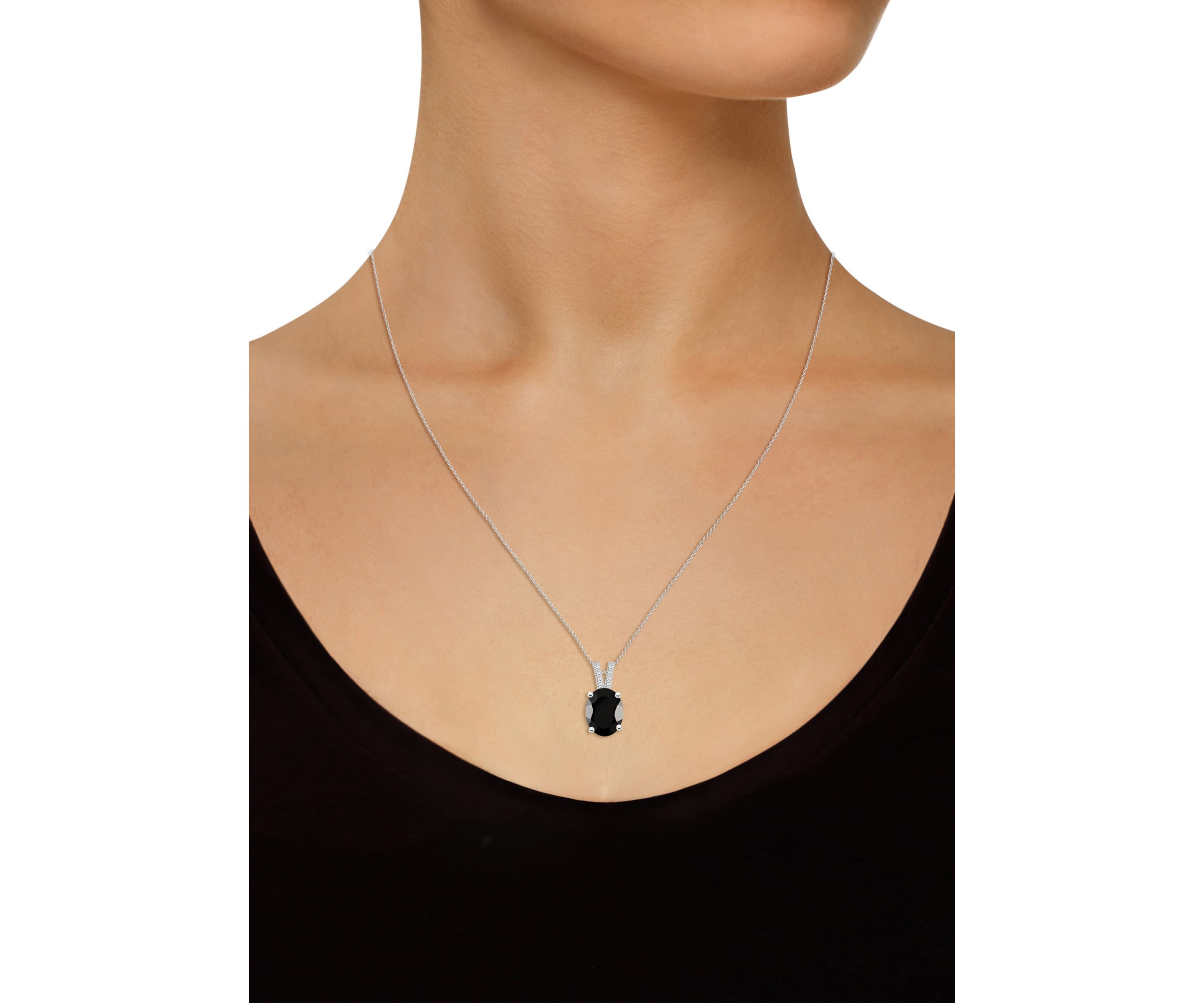 Sterling Silver 10x8mm Oval Black Onyx Diamond Accent Pendant Necklace