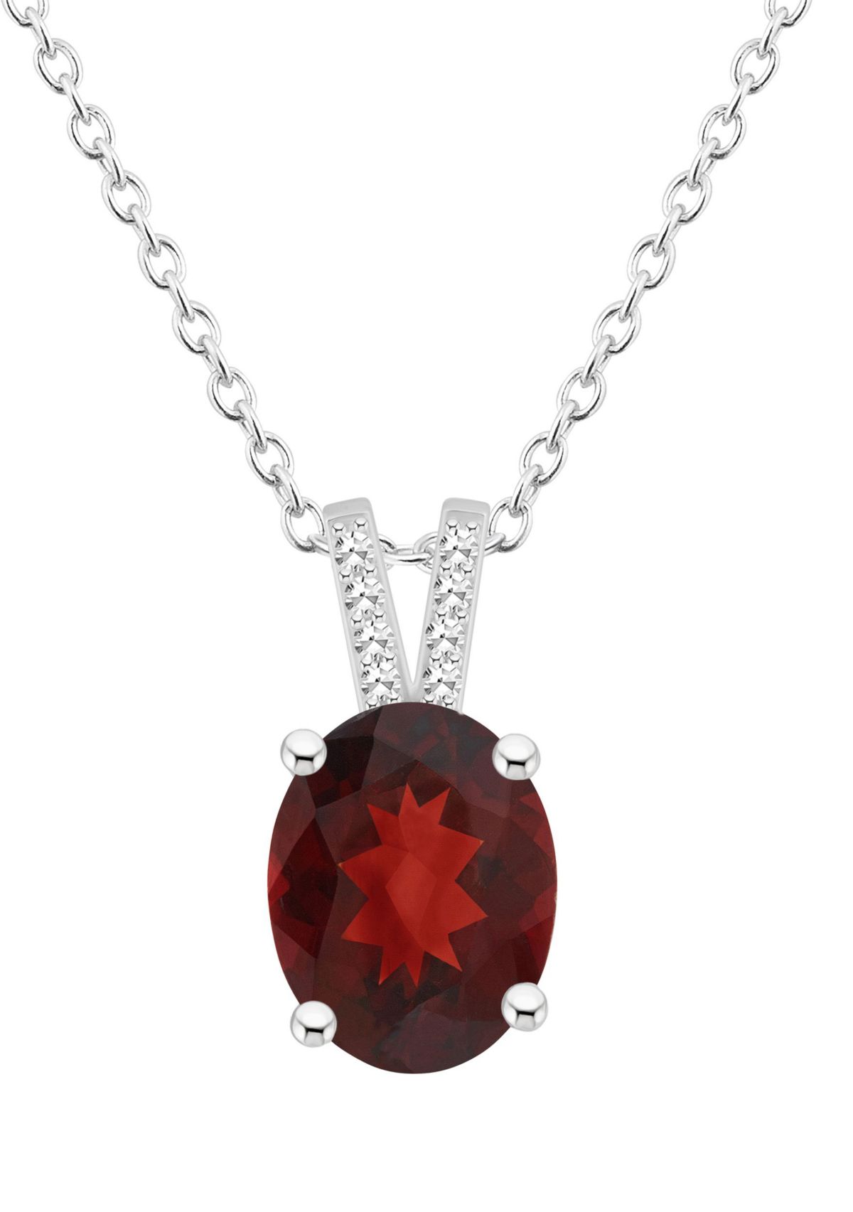 Sterling Silver 10x8mm Oval Garnet Diamond Accent Pendant Necklace