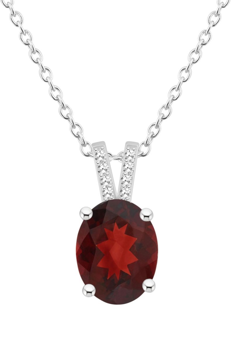 Sterling Silver 10x8mm Oval Garnet Diamond Accent Pendant Necklace