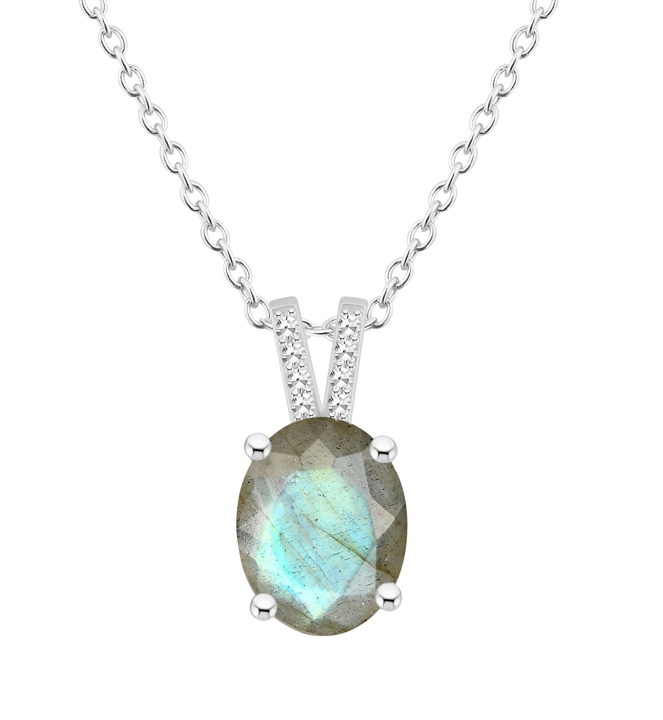Sterling Silver 10x8mm Oval Labradorite Diamond Accent Pendant Necklace