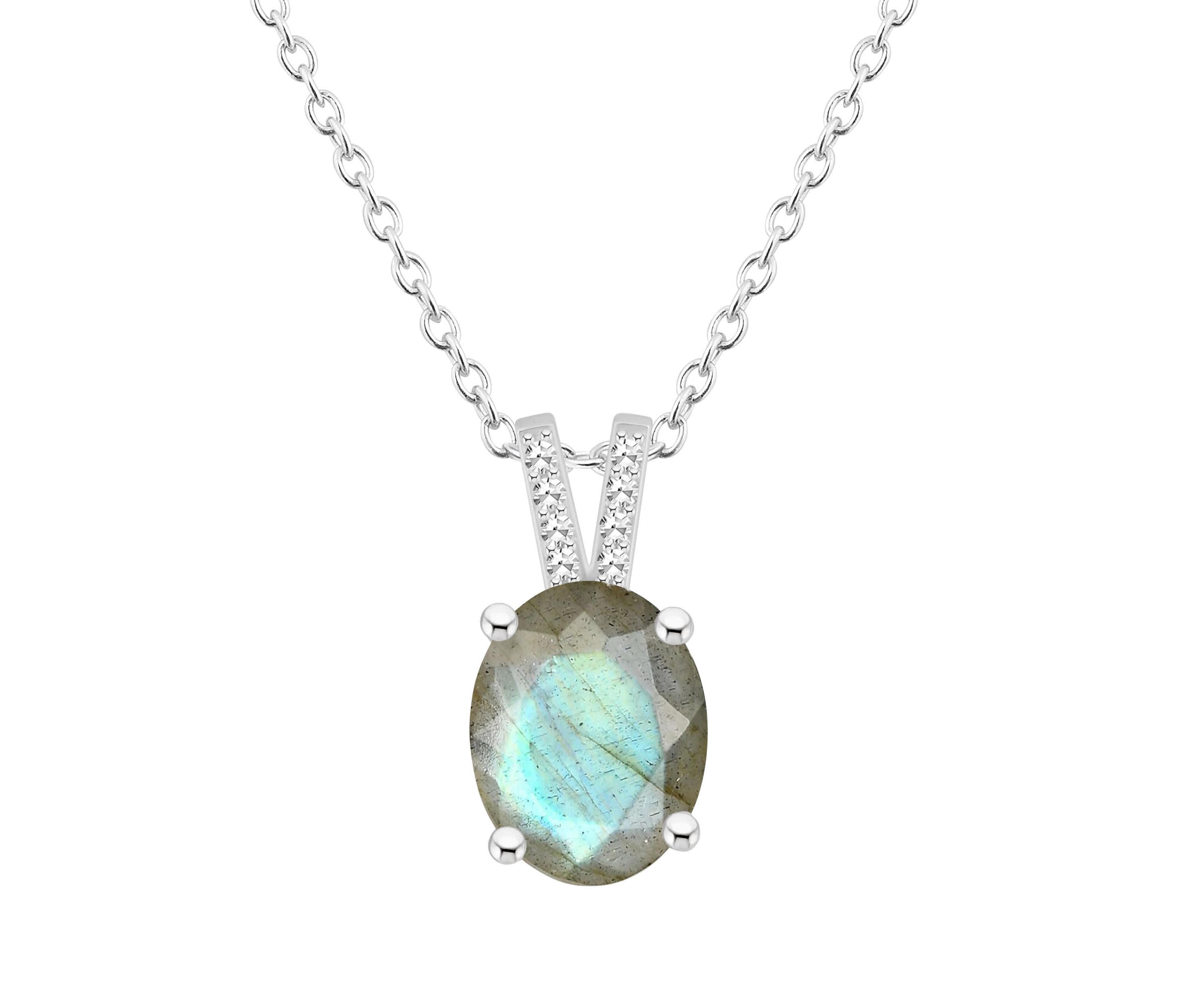 Sterling Silver 10x8mm Oval Labradorite Diamond Accent Pendant Necklace