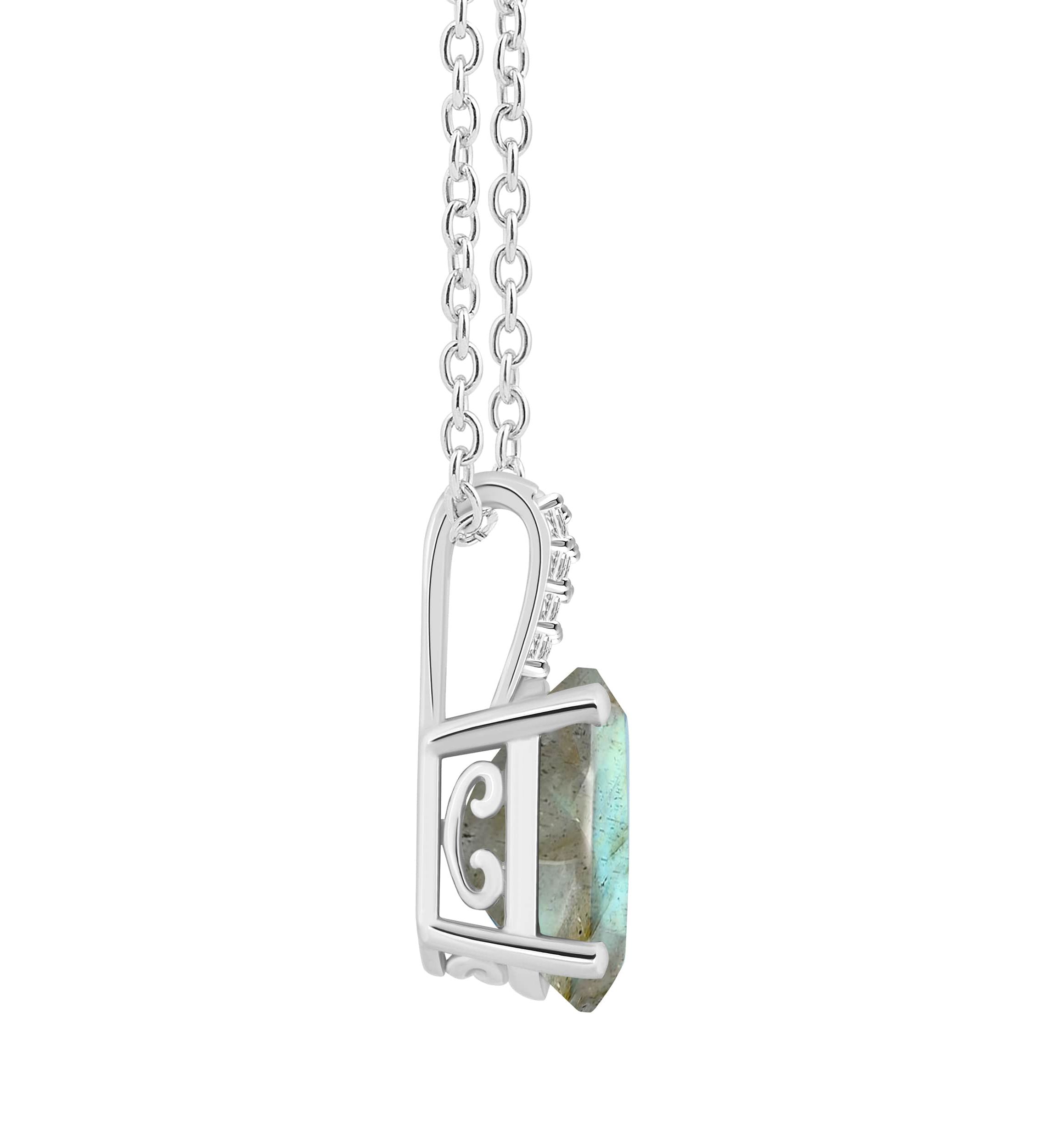 Sterling Silver 10x8mm Oval Labradorite Diamond Accent Pendant Necklace
