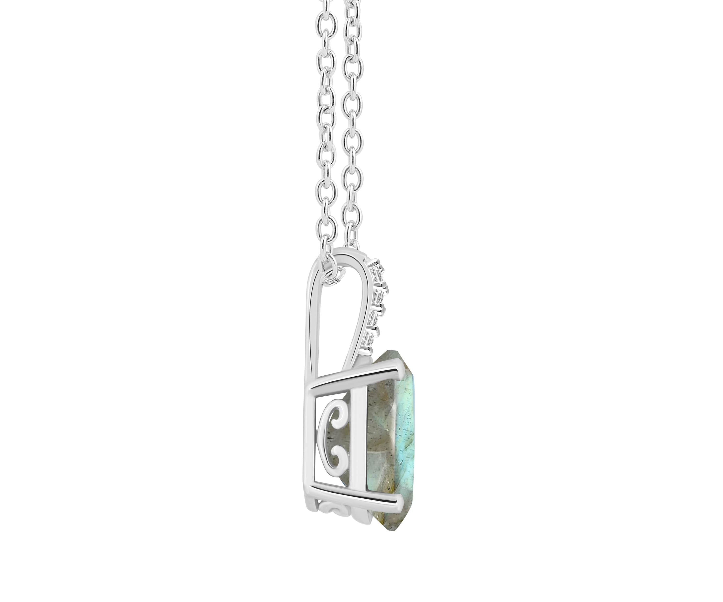 Sterling Silver 10x8mm Oval Labradorite Diamond Accent Pendant Necklace