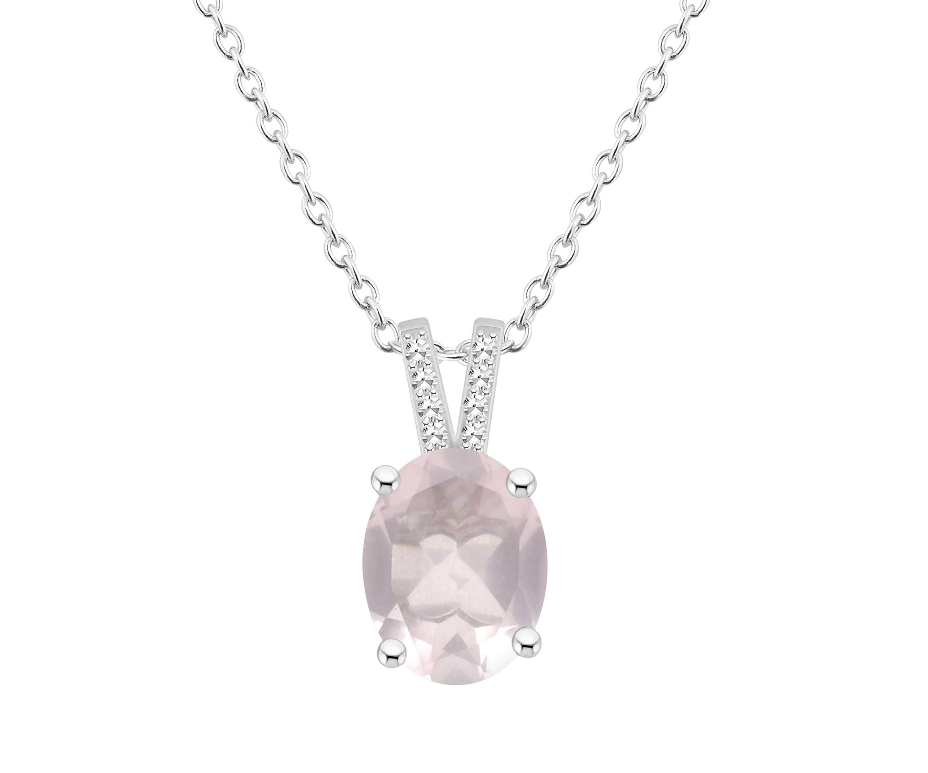 Sterling Silver 10x8mm Oval Rose Quartz Diamond Accent Pendant Necklace