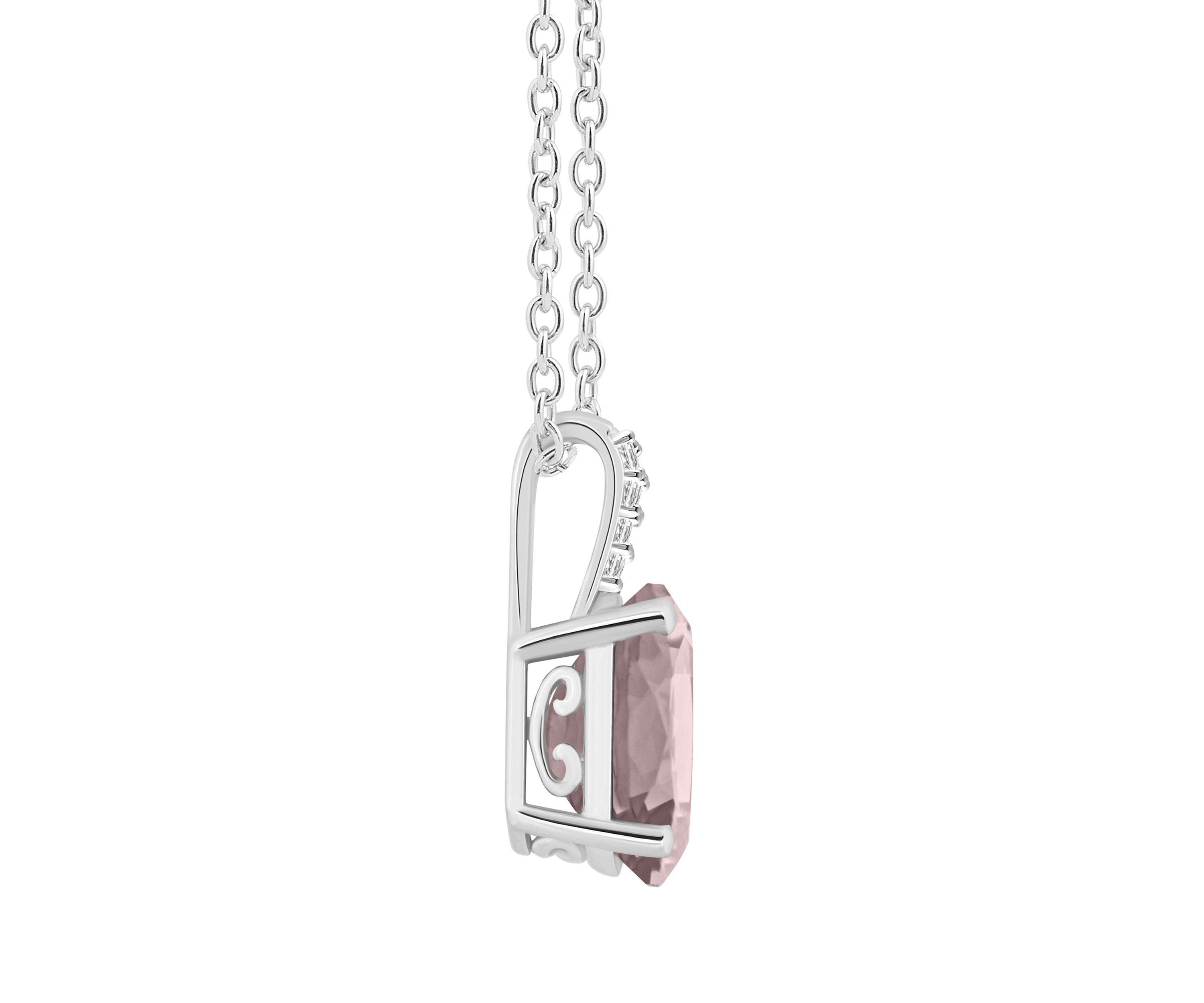 Sterling Silver 10x8mm Oval Rose Quartz Diamond Accent Pendant Necklace
