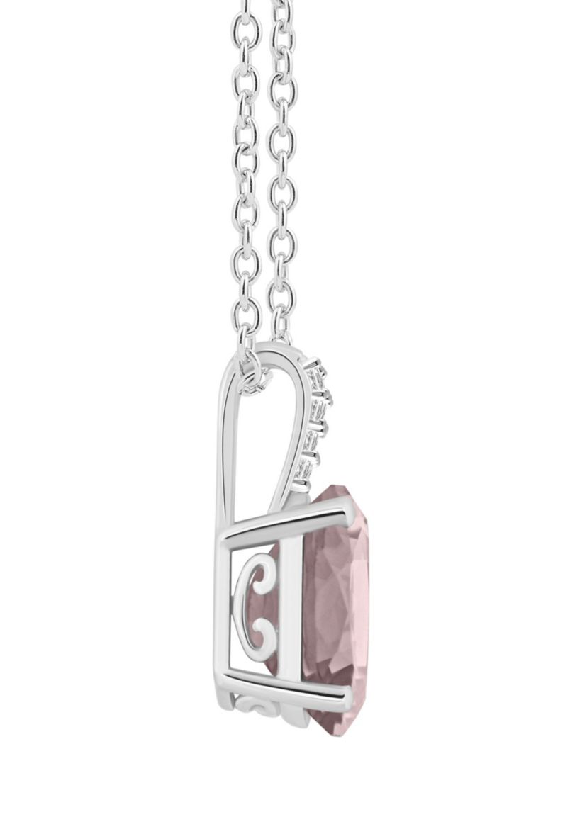 Sterling Silver 10x8mm Oval Rose Quartz Diamond Accent Pendant Necklace