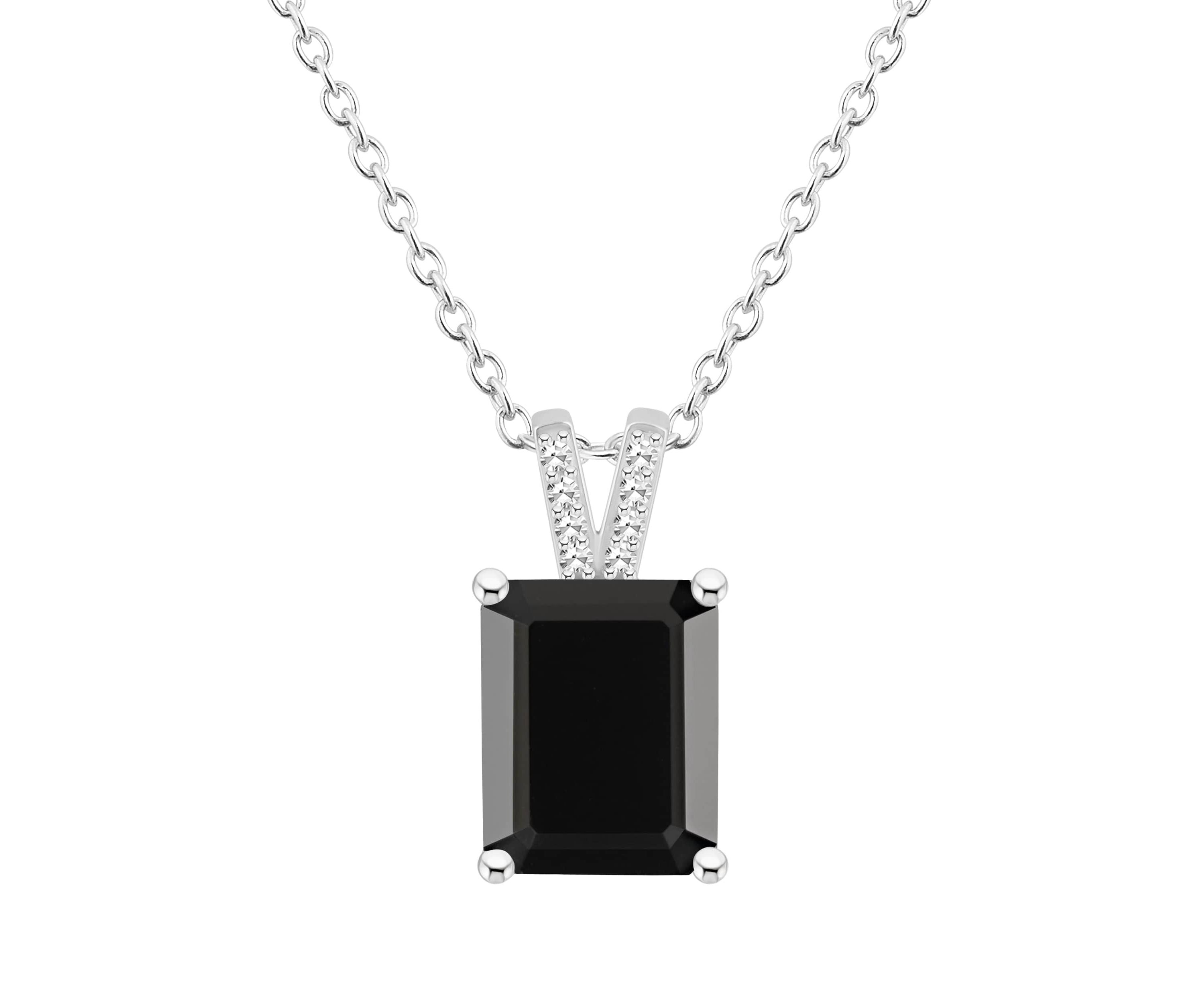 Sterling Silver 10x8mm Emerald Cut Black Onyx Diamond Accent Pendant Necklace
