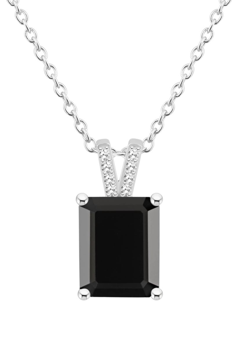 Sterling Silver 10x8mm Emerald Cut Black Onyx Diamond Accent Pendant Necklace