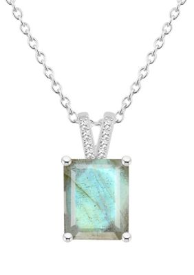 Belk & Co Sterling Silver 10x8mm Emerald Cut Gemstone Diamond Accent Pendant Necklace