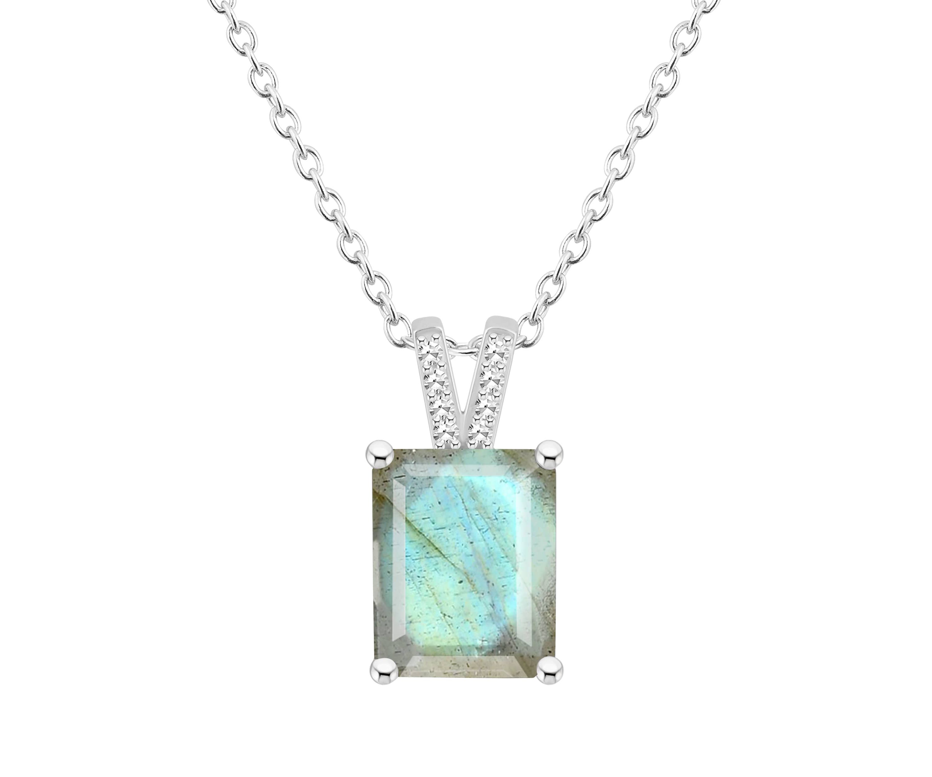 Sterling Silver 10x8mm Emerald Cut Labradorite Diamond Accent Pendant Necklace