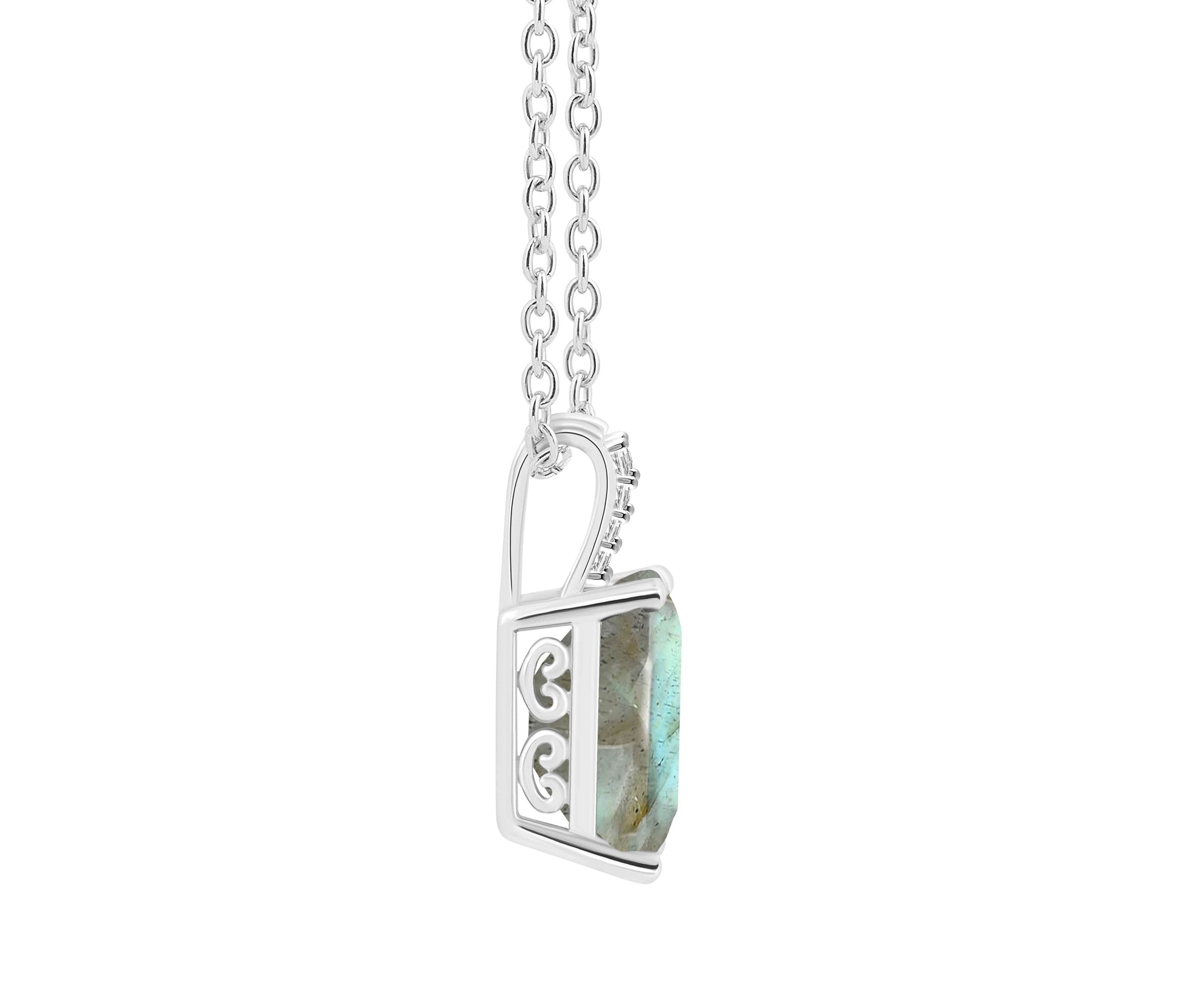 Sterling Silver 10x8mm Emerald Cut Labradorite Diamond Accent Pendant Necklace