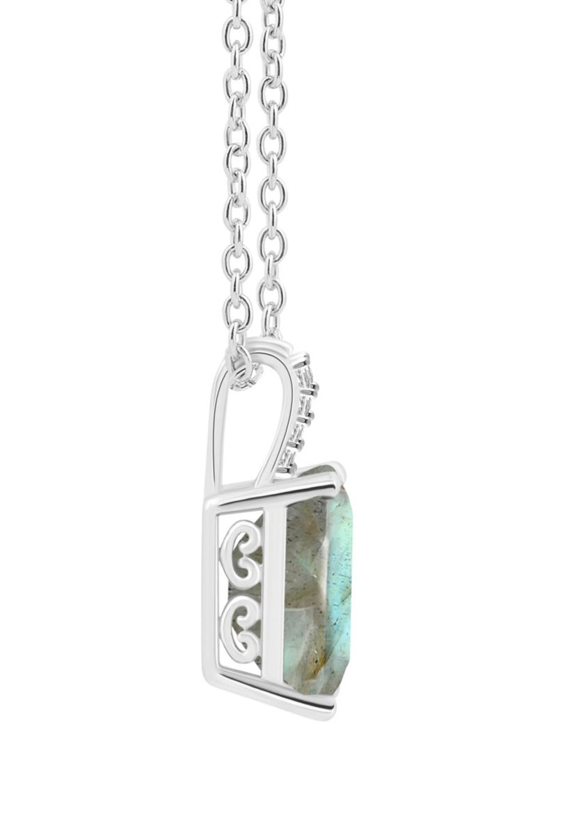 Sterling Silver 10x8mm Emerald Cut Labradorite Diamond Accent Pendant Necklace