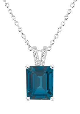 Belk & Co Sterling Silver 10x8mm Emerald Cut Gemstone Diamond Accent Pendant Necklace, Sky Blue