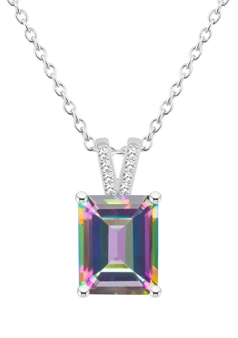 Sterling Silver 10x8mm Emerald Cut Mystic Topaz Diamond Accent Pendant Necklace