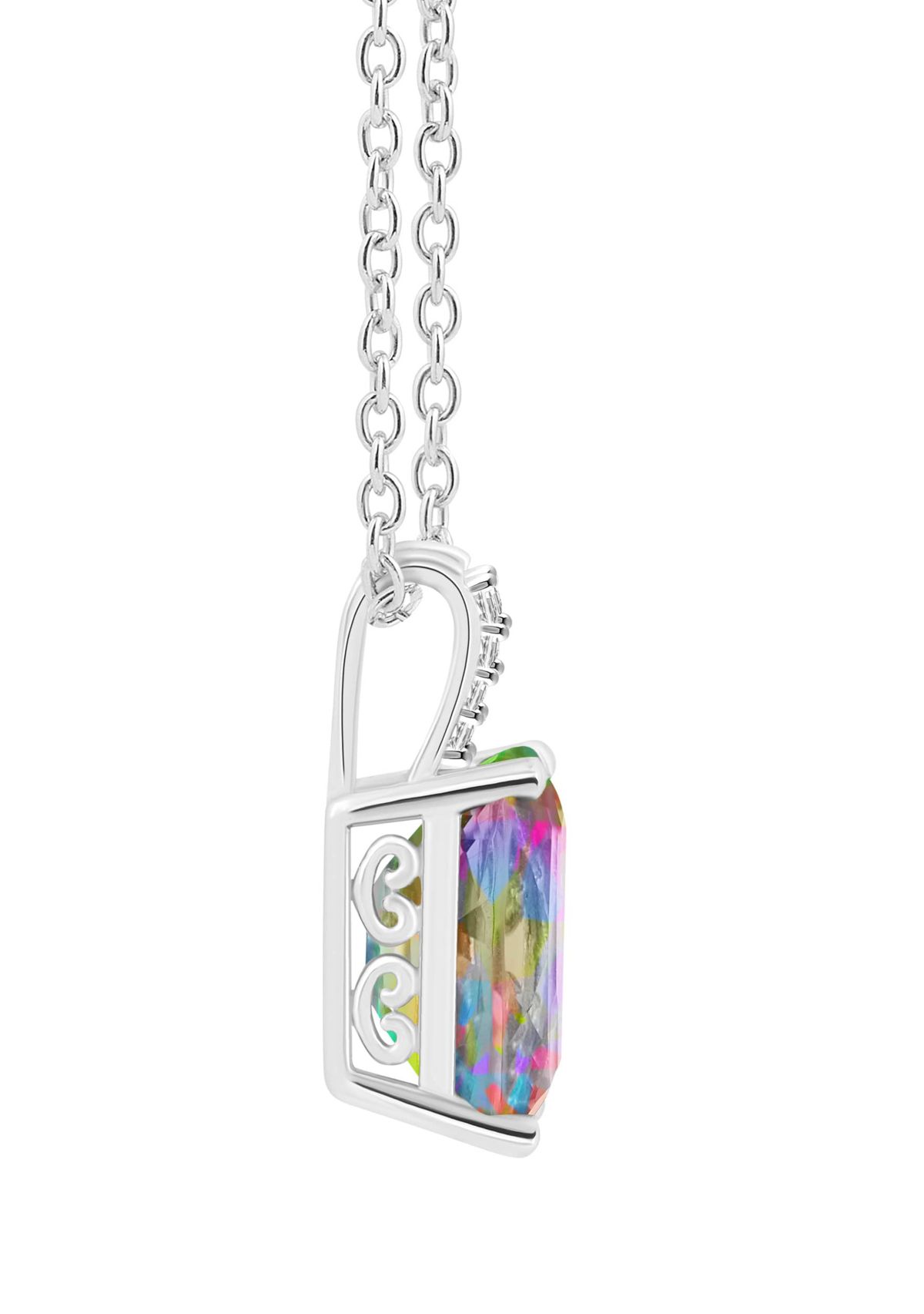 Sterling Silver 10x8mm Emerald Cut Mystic Topaz Diamond Accent Pendant Necklace