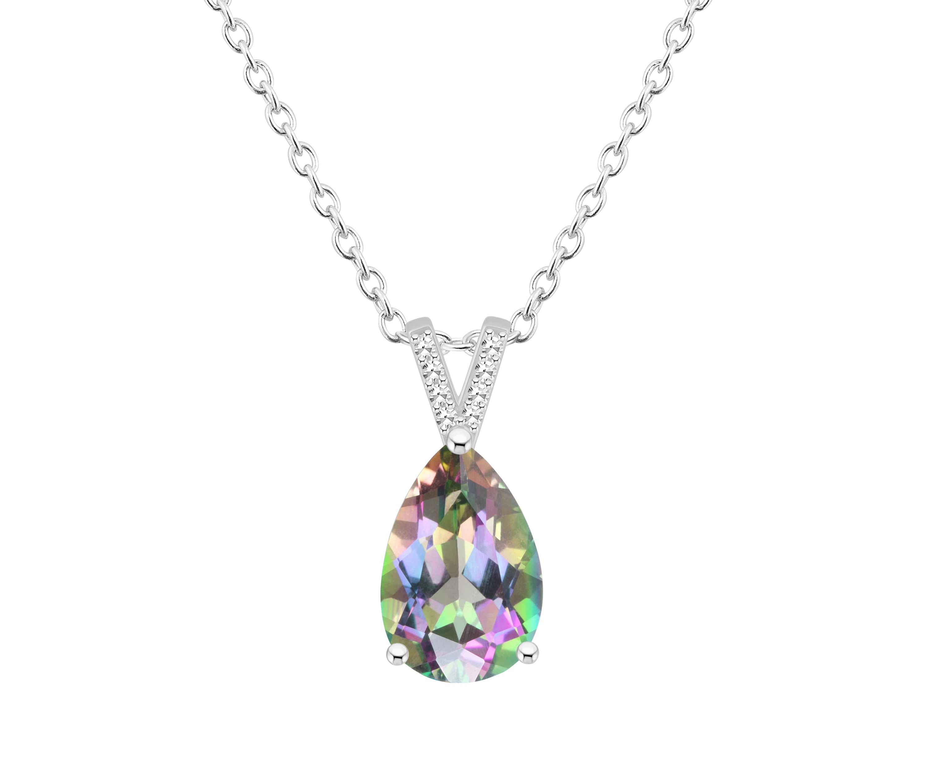 Sterling Silver 12x8mm Pear Shape Mystic Topaz Diamond Accent Pendant Necklace