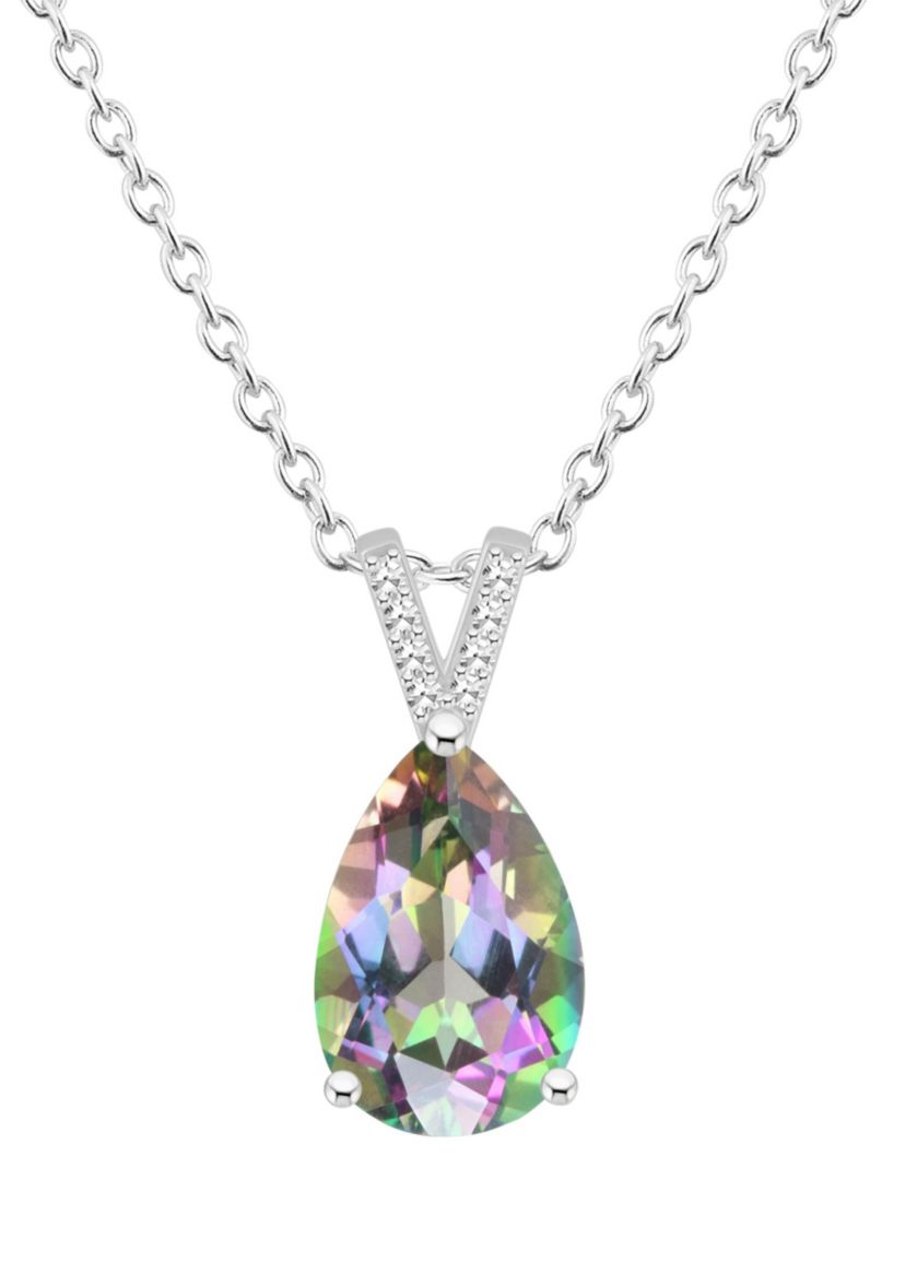 Sterling Silver 12x8mm Pear Shape Mystic Topaz Diamond Accent Pendant Necklace