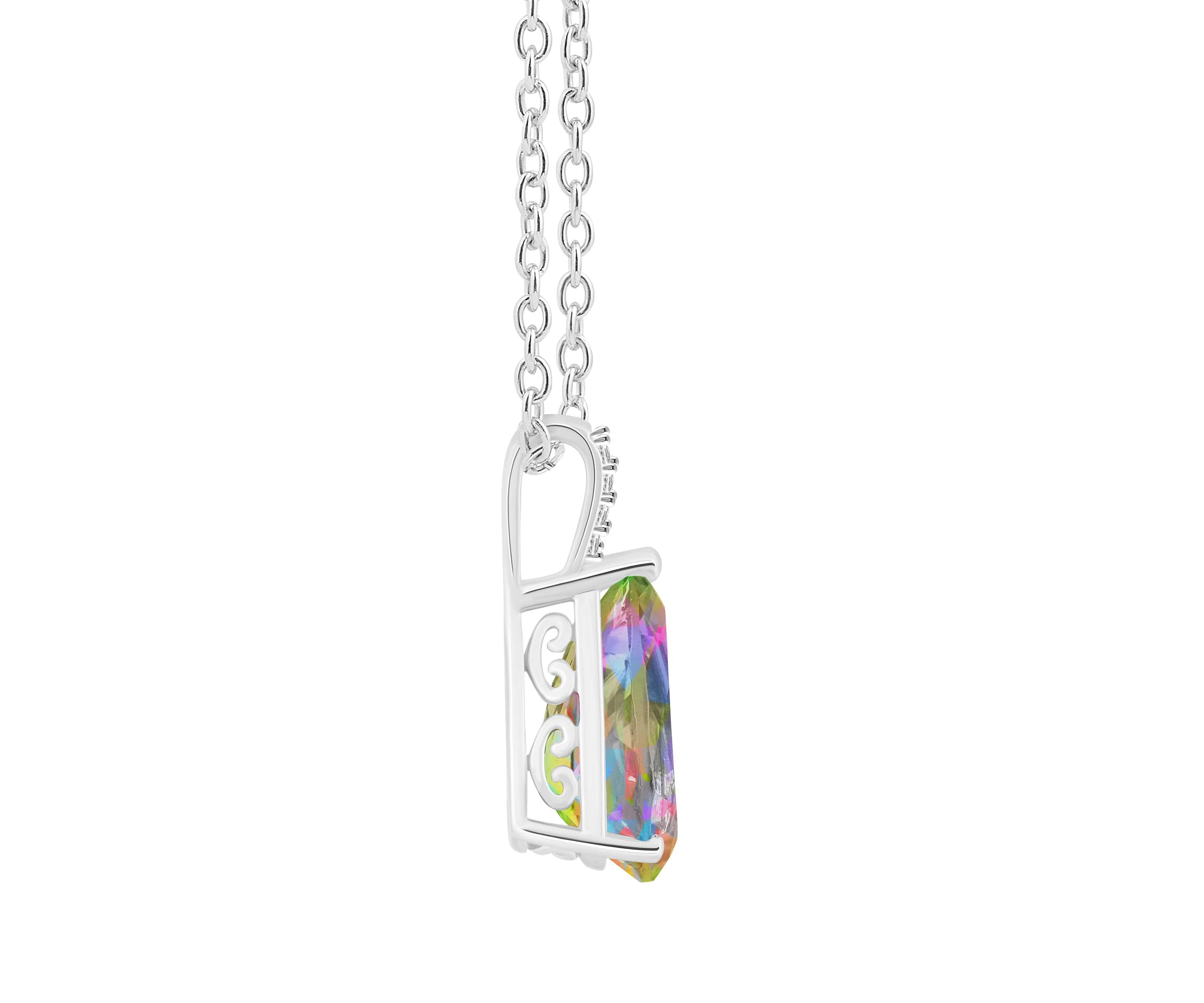Sterling Silver 12x8mm Pear Shape Mystic Topaz Diamond Accent Pendant Necklace
