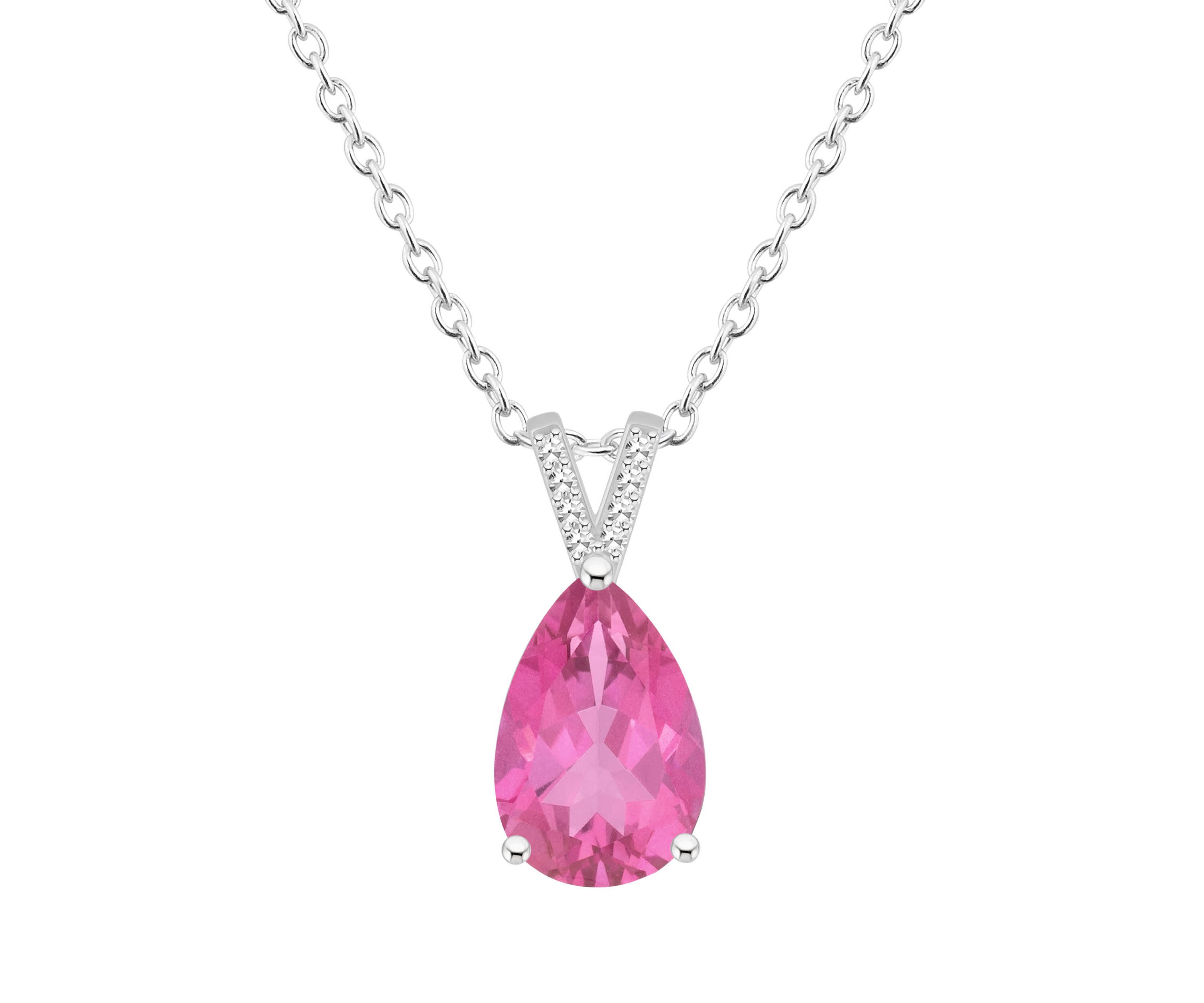 Sterling Silver 12x8mm Pear Shape Pink Topaz Diamond Accent Pendant Necklace