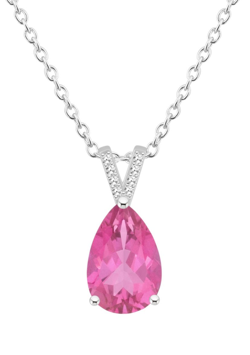 Sterling Silver 12x8mm Pear Shape Pink Topaz Diamond Accent Pendant Necklace