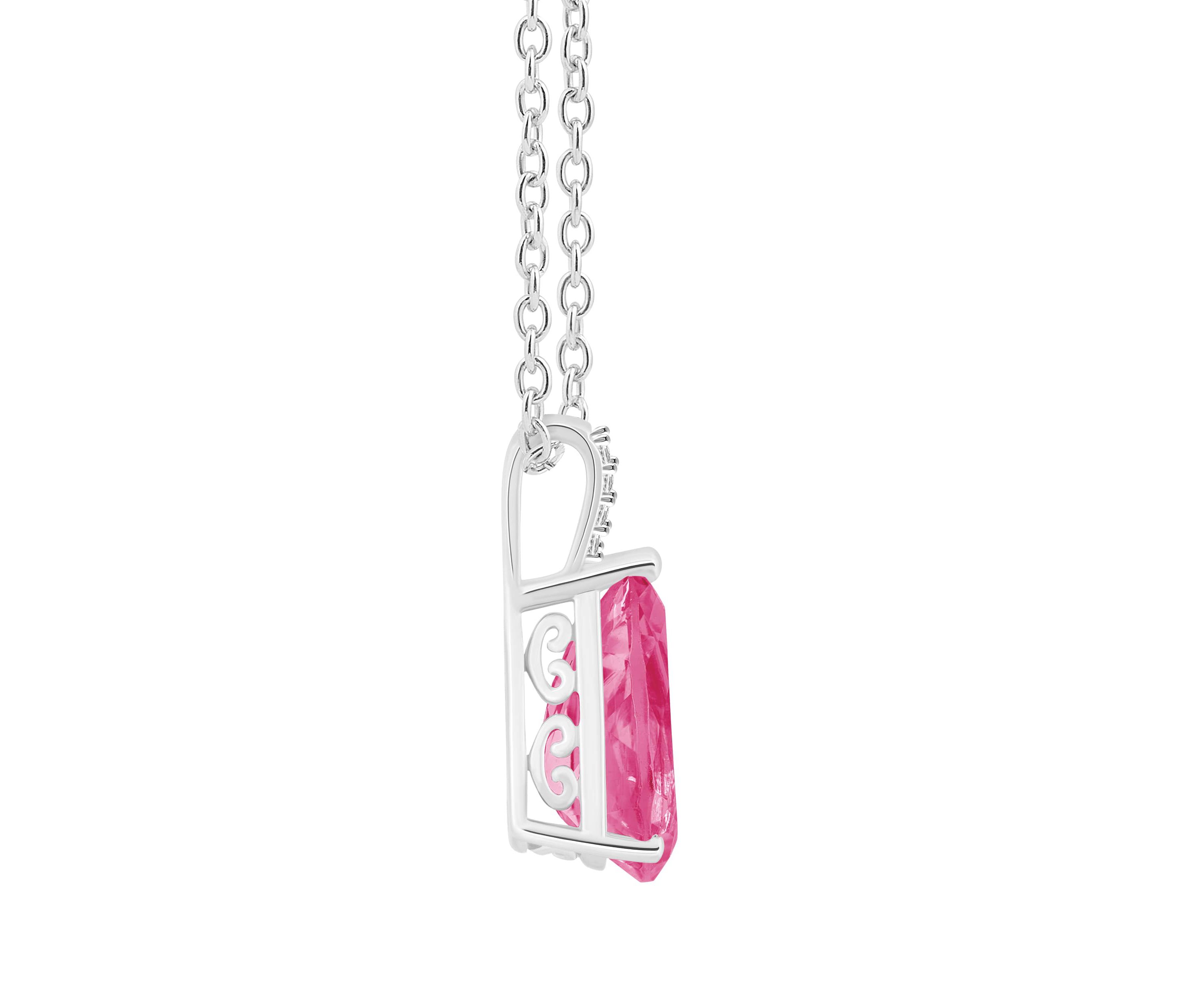 Sterling Silver 12x8mm Pear Shape Pink Topaz Diamond Accent Pendant Necklace