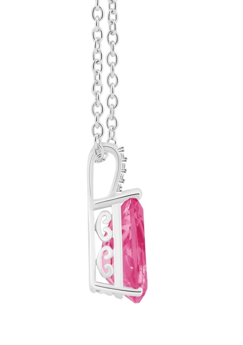 Sterling Silver 12x8mm Pear Shape Pink Topaz Diamond Accent Pendant Necklace