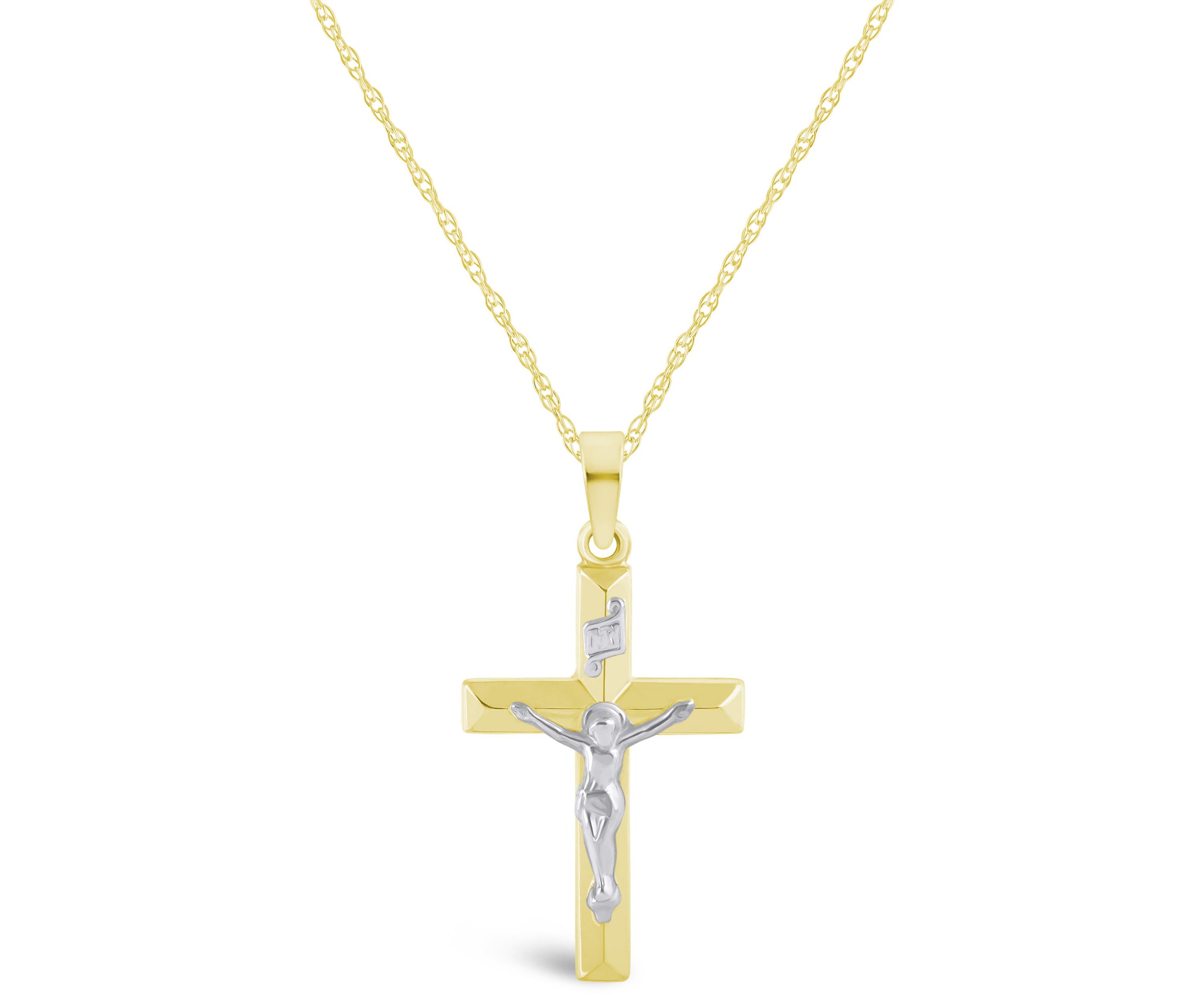 14K Two Tone Gold Crucifix Cross Pendant Necklace