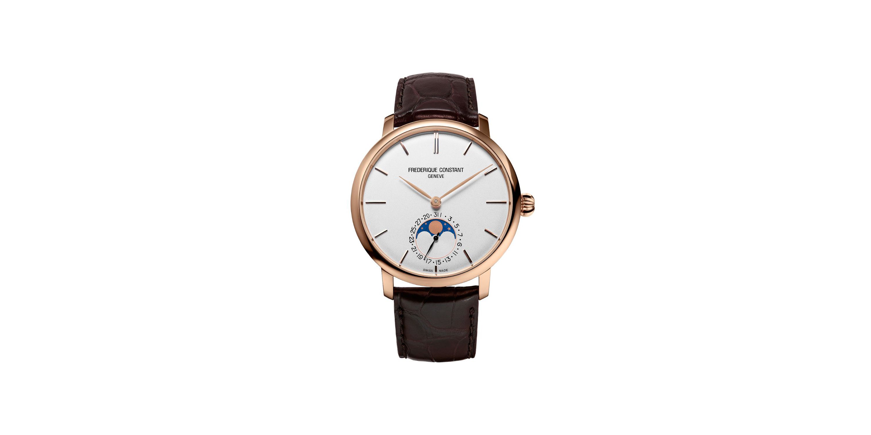 Swiss Mens Slimline Manufacture Moonphase Brown Leather Strap Watch